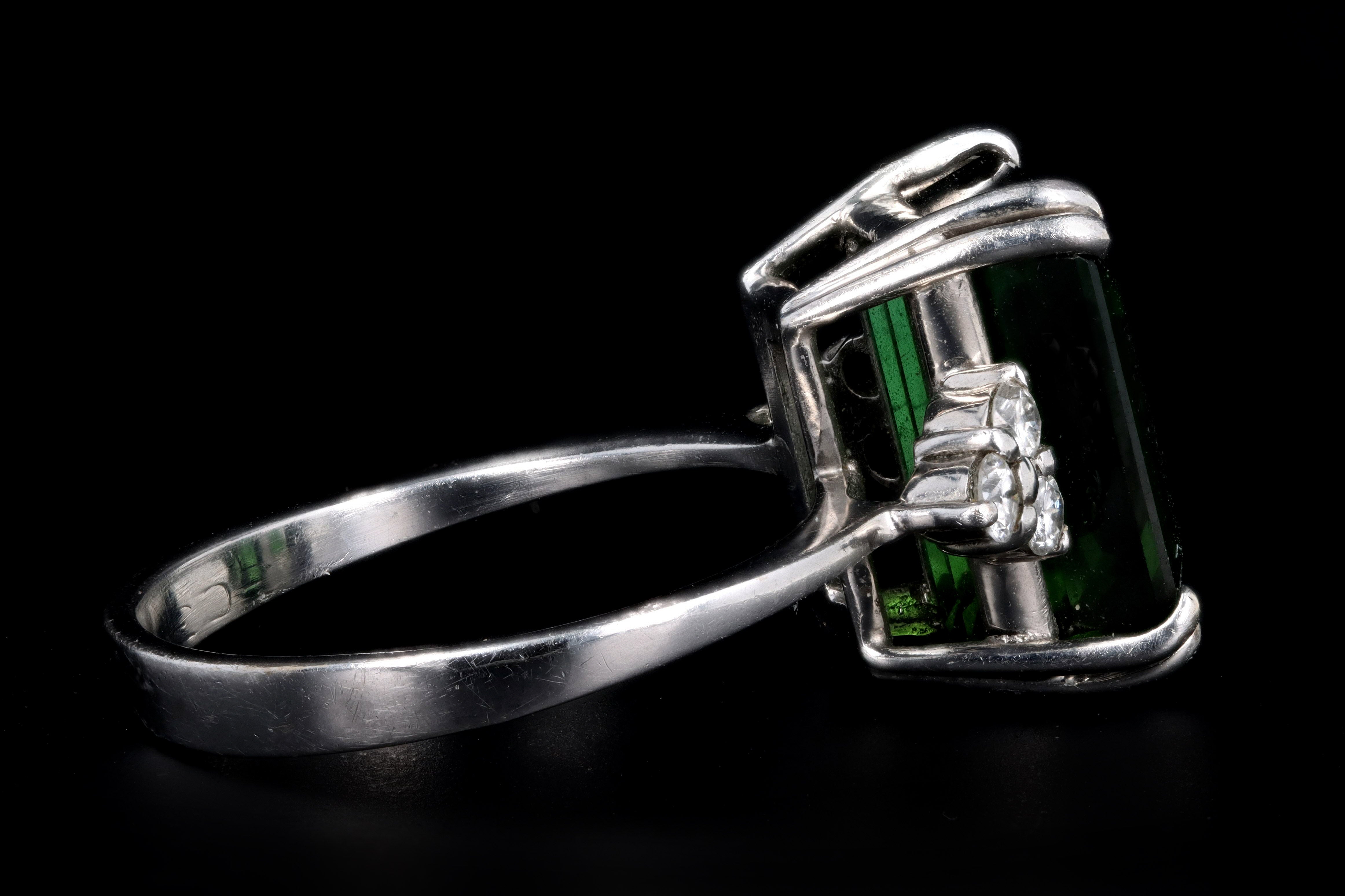 Modern 18K White Gold 4.05 Carat Emerald Cut Green Tourmaline & Diamond Ring - Queen May