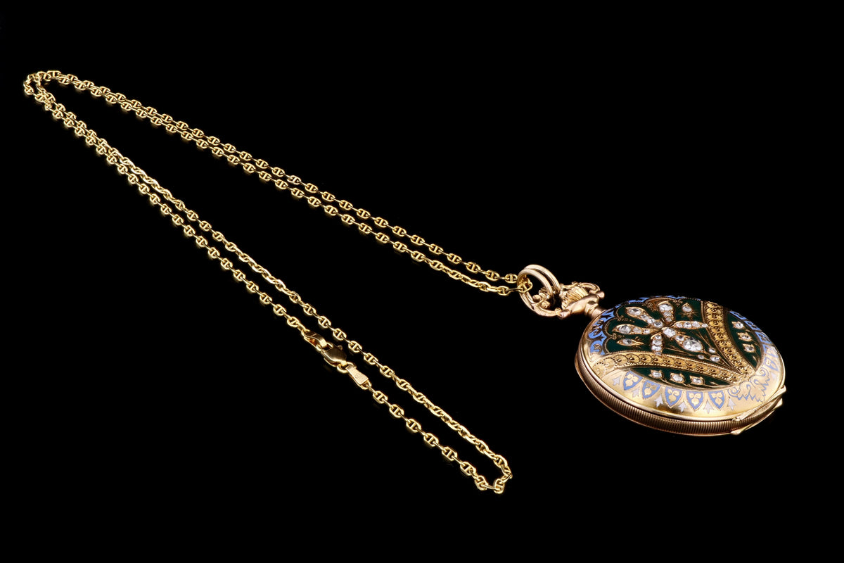Antique 14K Yellow Gold Enamel & Rose Cut Diamond Pocket Watch Conversion Locket Pendant Necklace - Queen May
