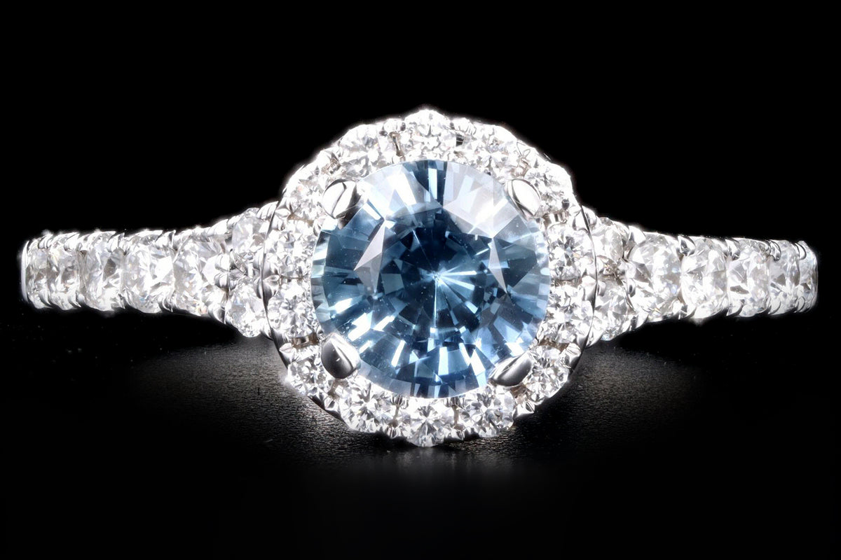 Modern 14K White Gold 1.08 Carat Natural Sapphire & Diamond Halo Ring - Queen May