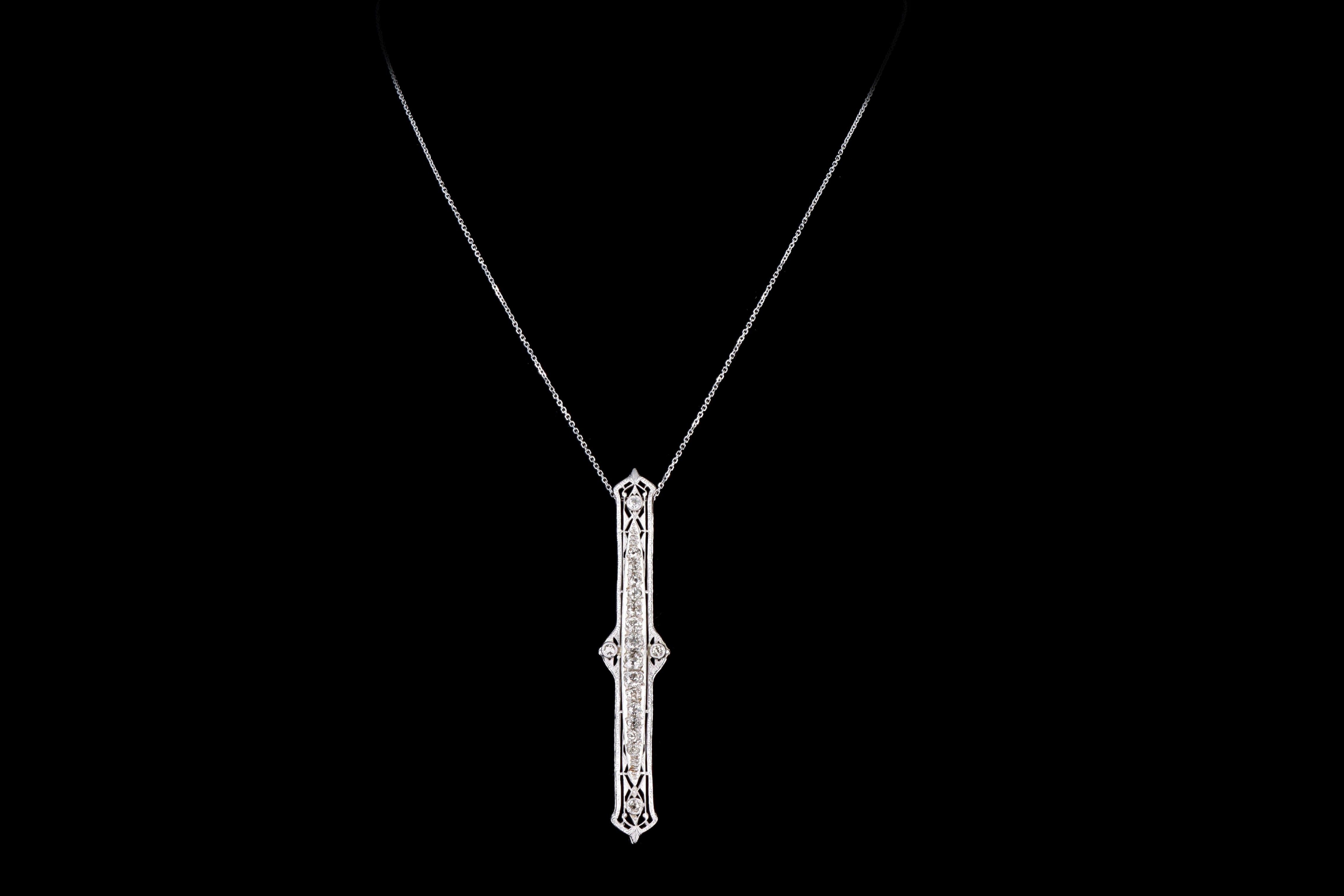 Art Deco 14K White Gold 1.30 Carat Total Weight Old European Diamond Bar Pin Conversion Pendant Necklace - Queen May