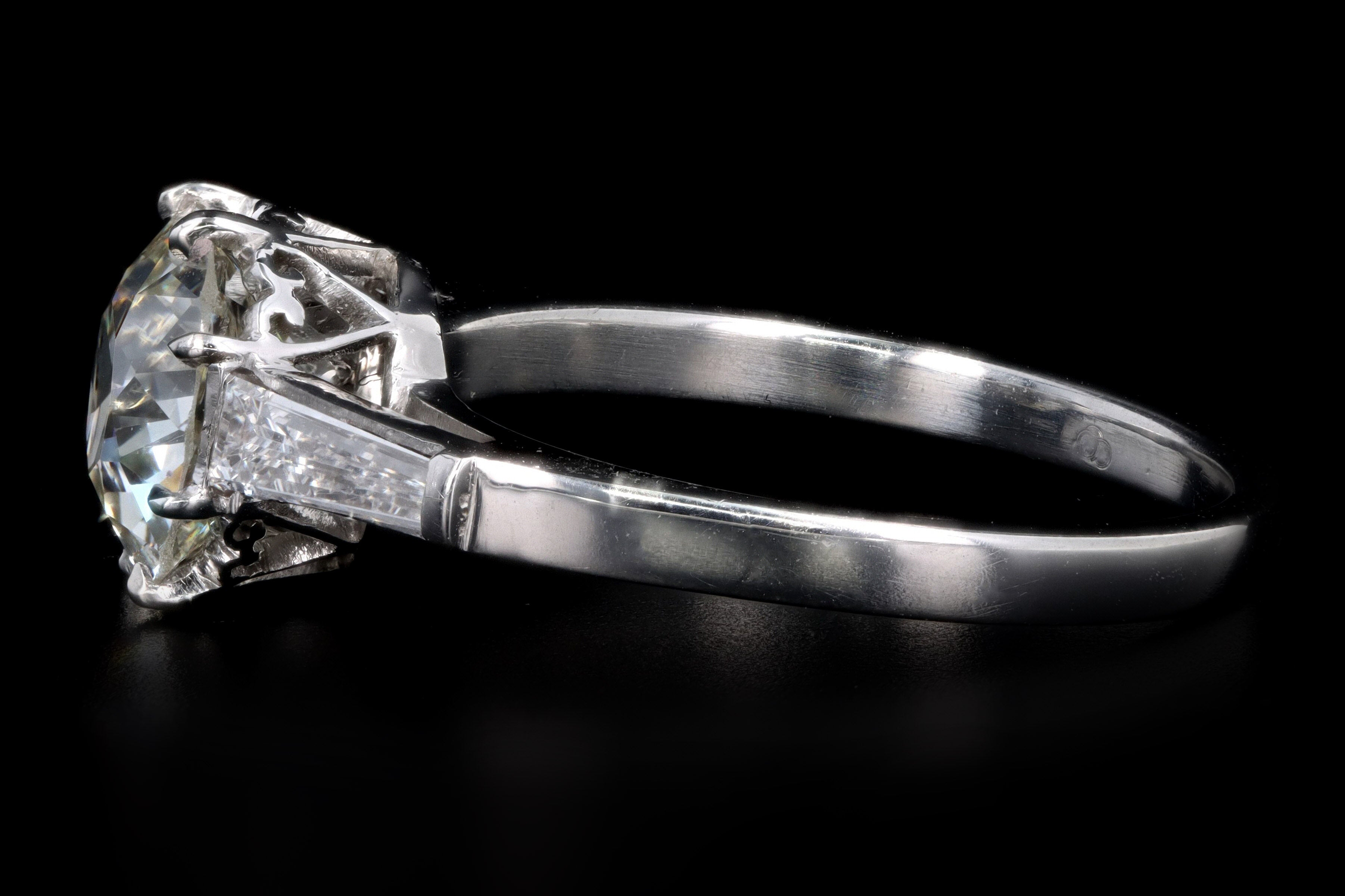 Retro Platinum 1.52 Carat Old European Cut Diamond & Tapered Baguette Diamond Engagement Ring - Queen May