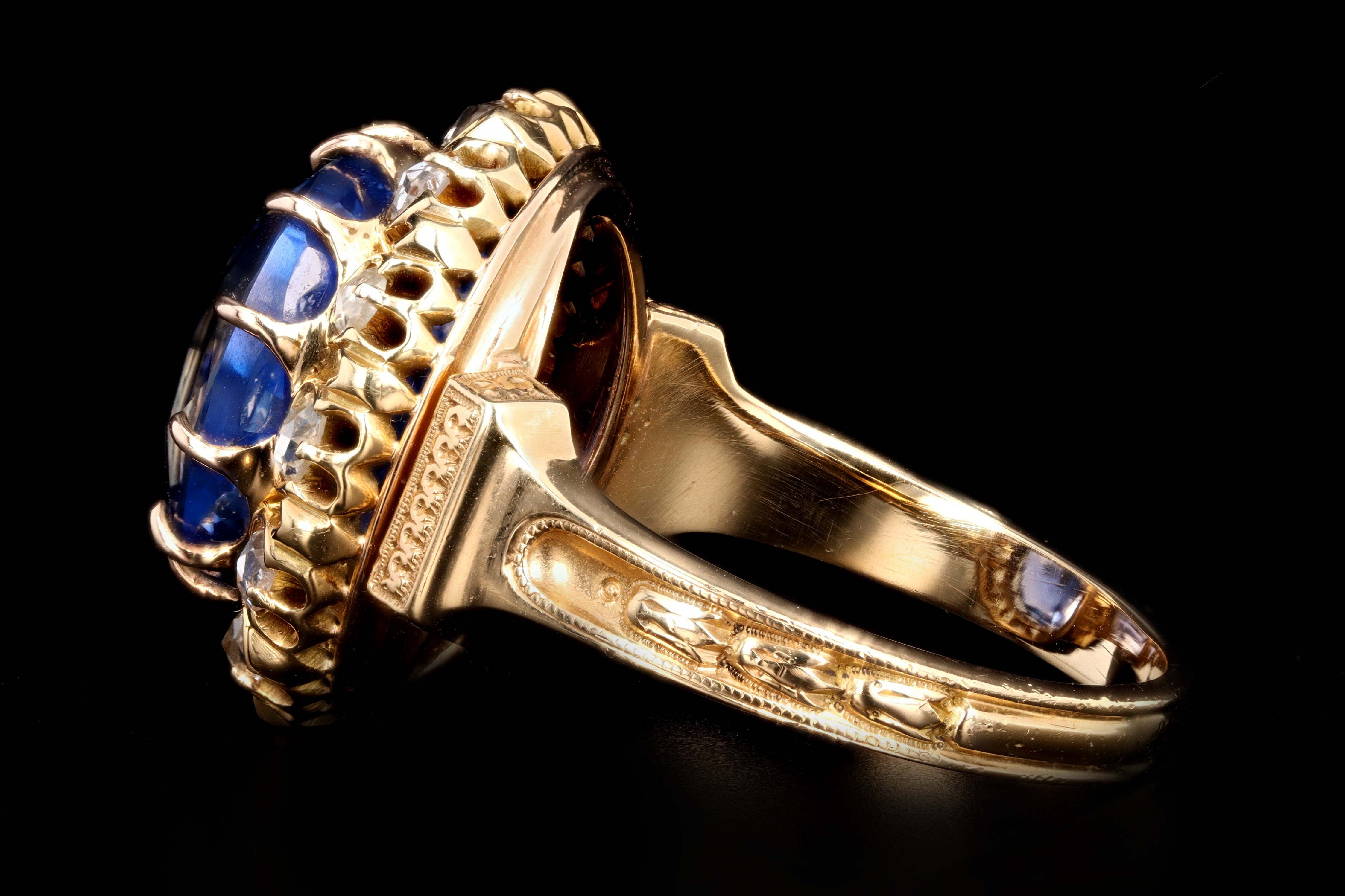 Victorian 18K Yellow Gold Untreated 10.73 Carat Cornflower Blue Burma No Heat Sapphire & Diamond Ring SSEF Certified - Queen May