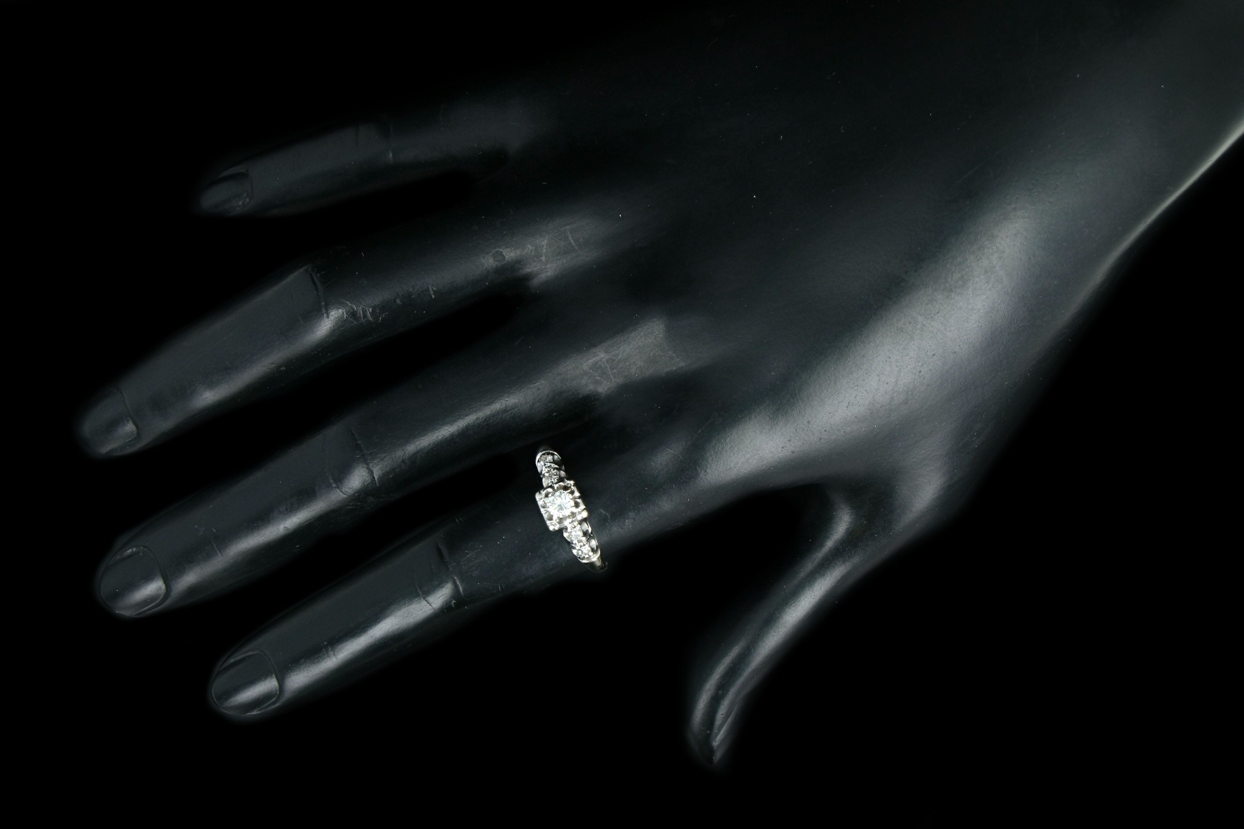 Mid Century 14K White Gold .21 Carat Round Brilliant Diamond Engagement Ring - Queen May