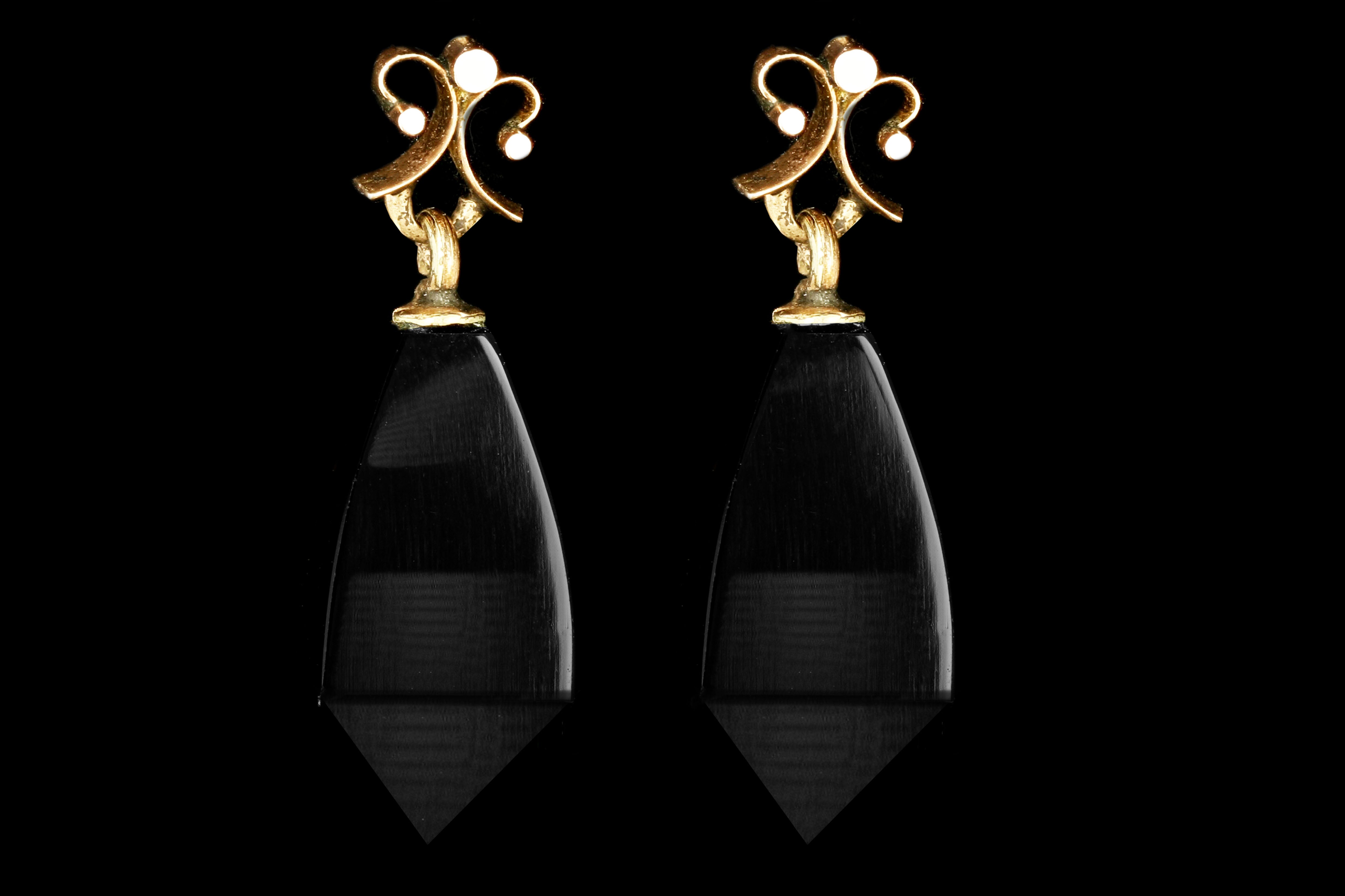 Victorian 10K Yellow Gold Onyx Drop Earrings - Queen May