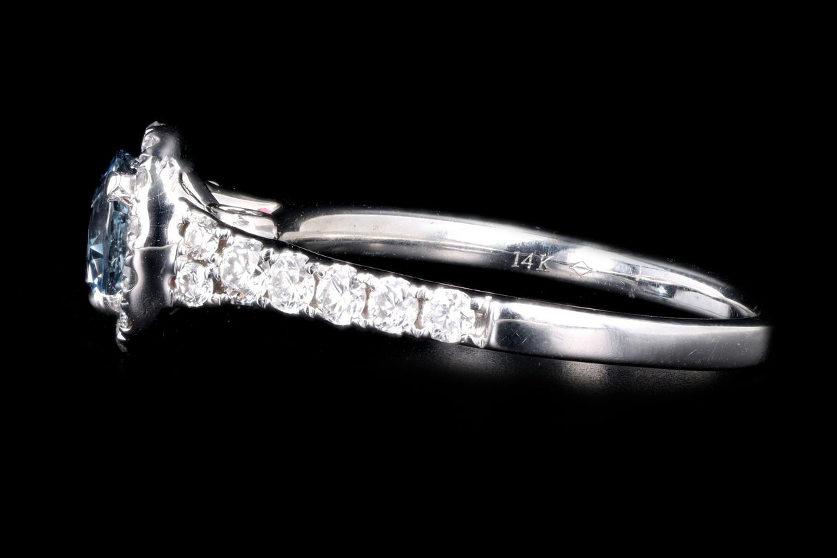 Modern 14K White Gold 1.08 Carat Natural Sapphire & Diamond Halo Ring - Queen May