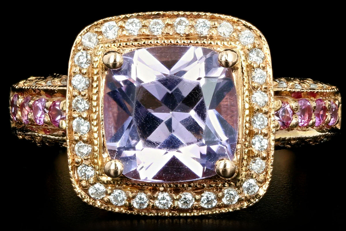 Modern Le Vian 14K Rose Gold 2.2 Carat Cushion Cut Amethyst & Diamond Halo Ring - Queen May
