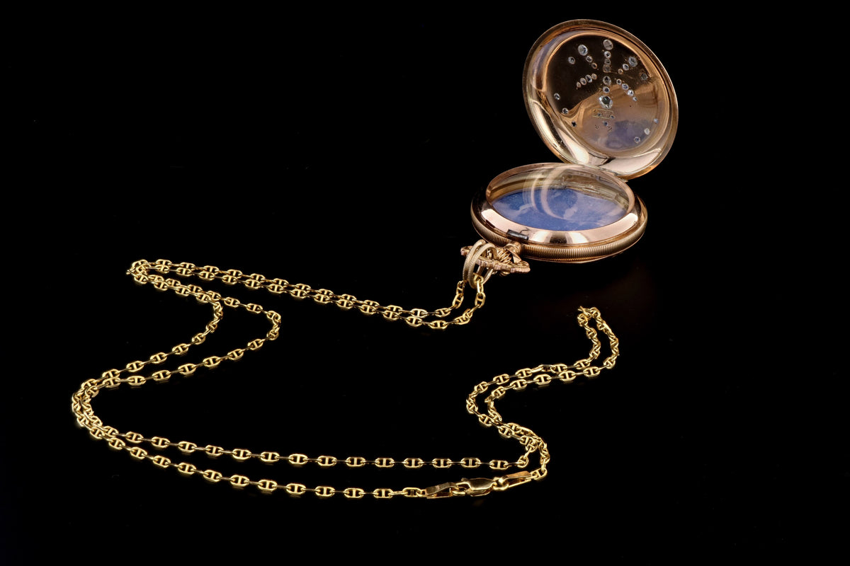 Antique 14K Yellow Gold Enamel & Rose Cut Diamond Pocket Watch Conversion Locket Pendant Necklace - Queen May