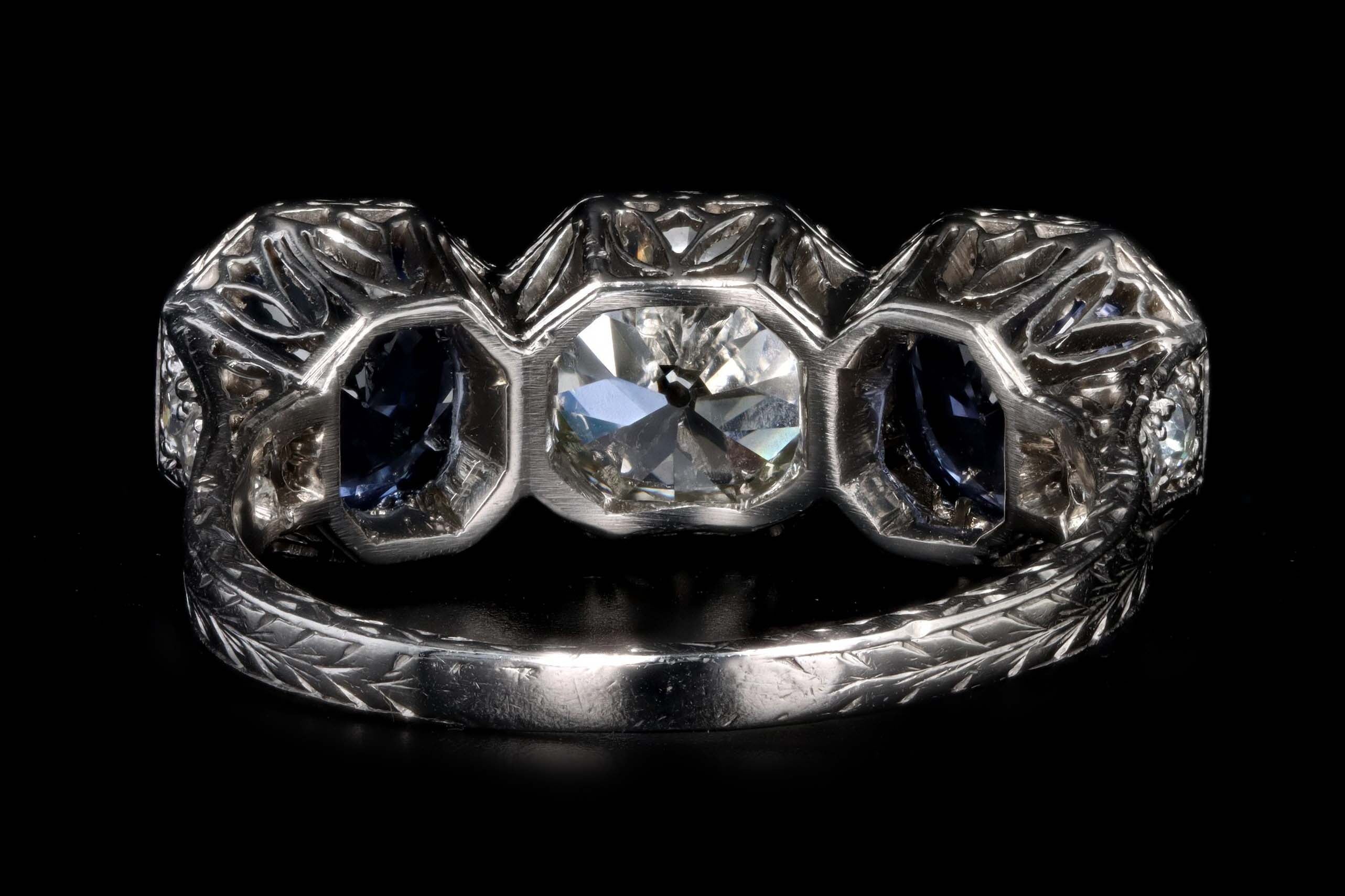 Art Deco Platinum Old European Cut Diamond & Sapphire Three Stone Ring GIA Certified - Queen May