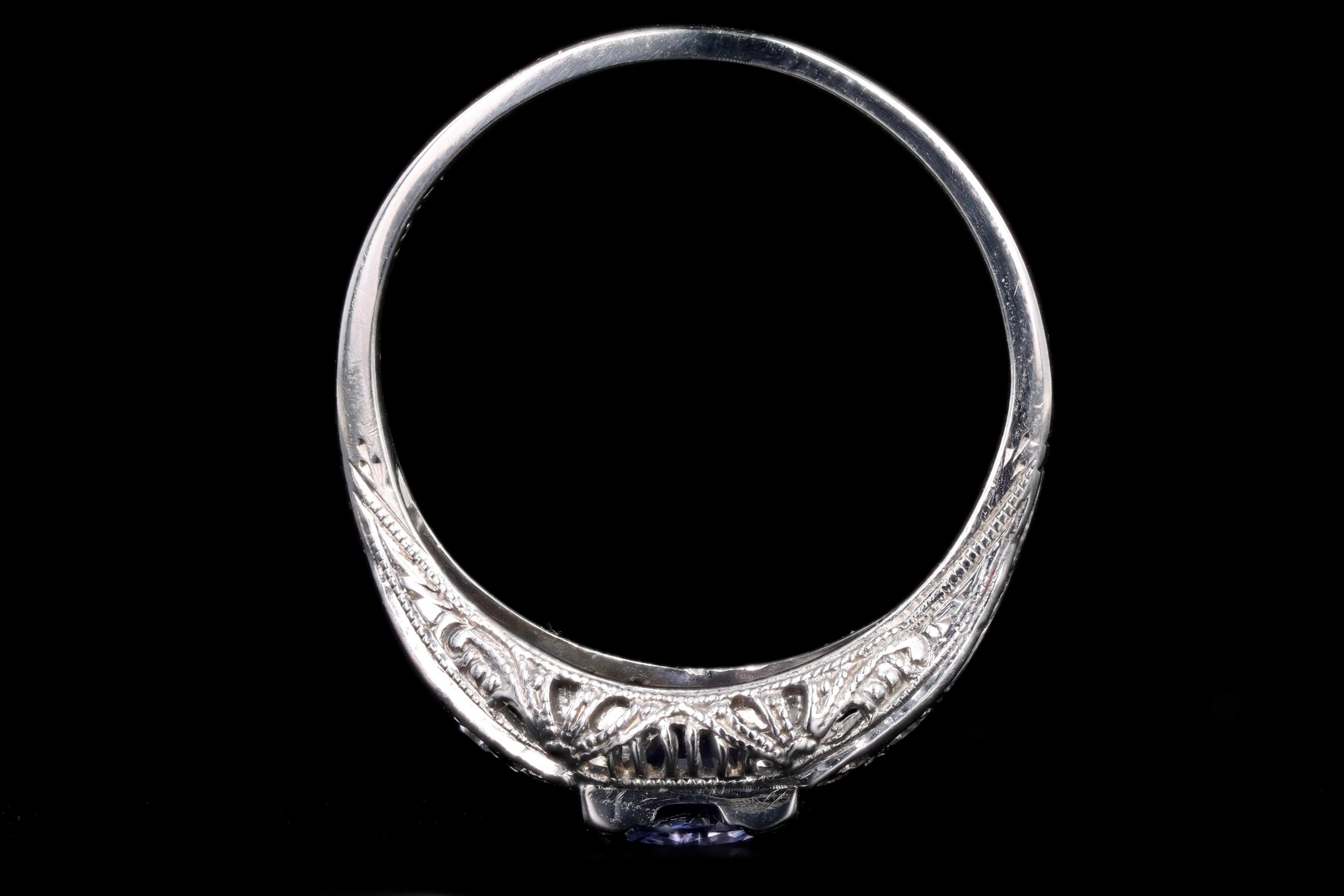 Art Deco 18K White Gold 1.10 Carat Natural Sapphire and Diamond Ring - Queen May