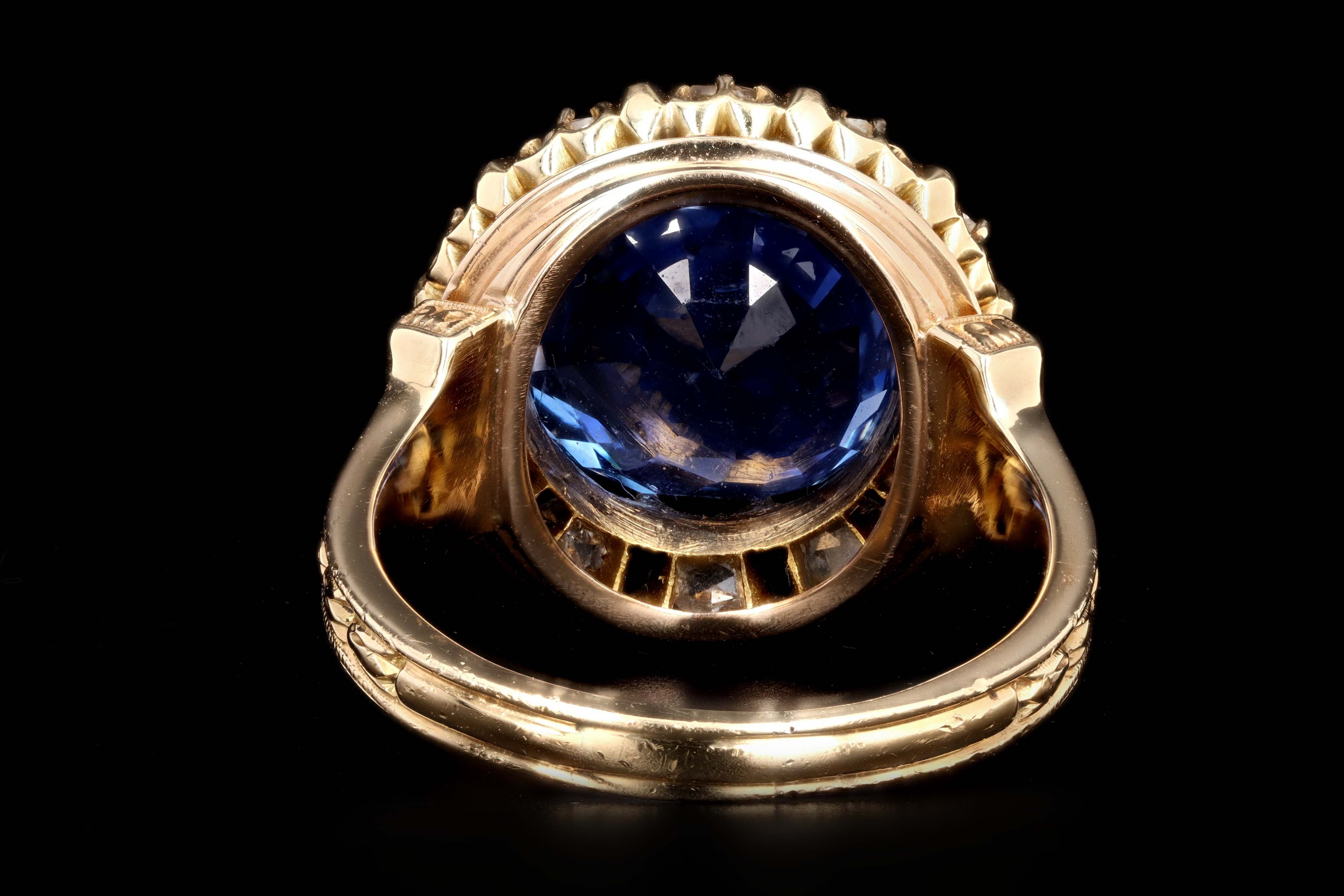 Victorian 18K Yellow Gold Untreated 10.73 Carat Cornflower Blue Burma No Heat Sapphire & Diamond Ring SSEF Certified - Queen May