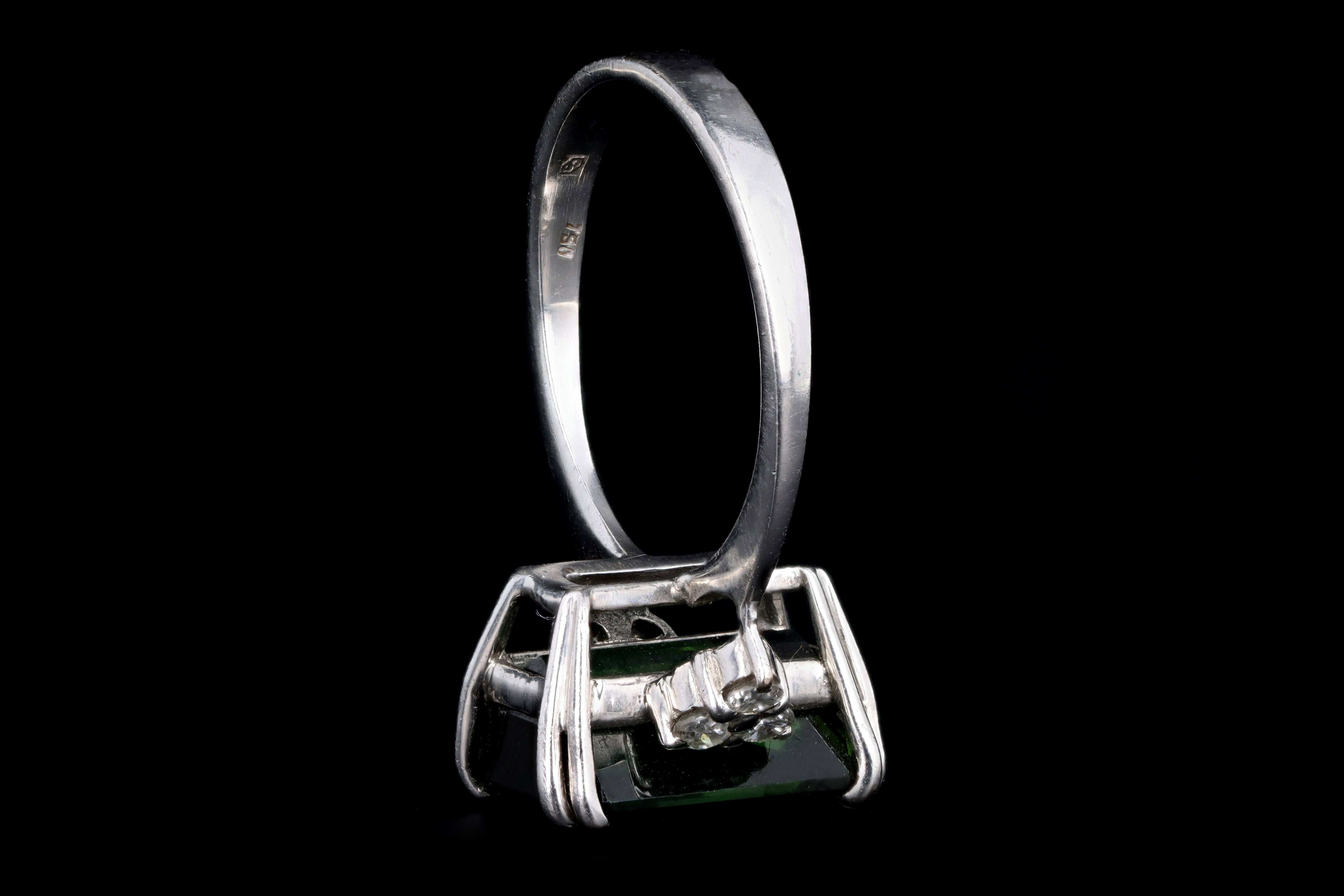 Modern 18K White Gold 4.05 Carat Emerald Cut Green Tourmaline & Diamond Ring - Queen May