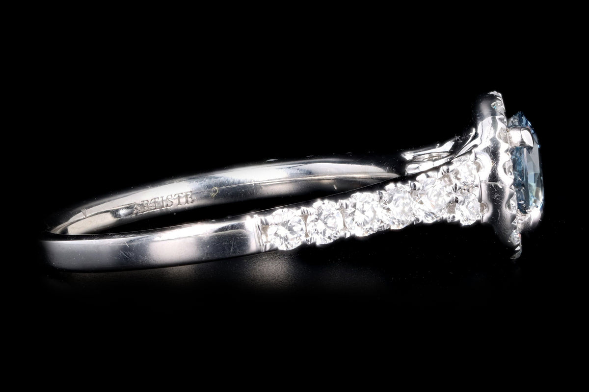 Modern 14K White Gold 1.08 Carat Natural Sapphire & Diamond Halo Ring - Queen May