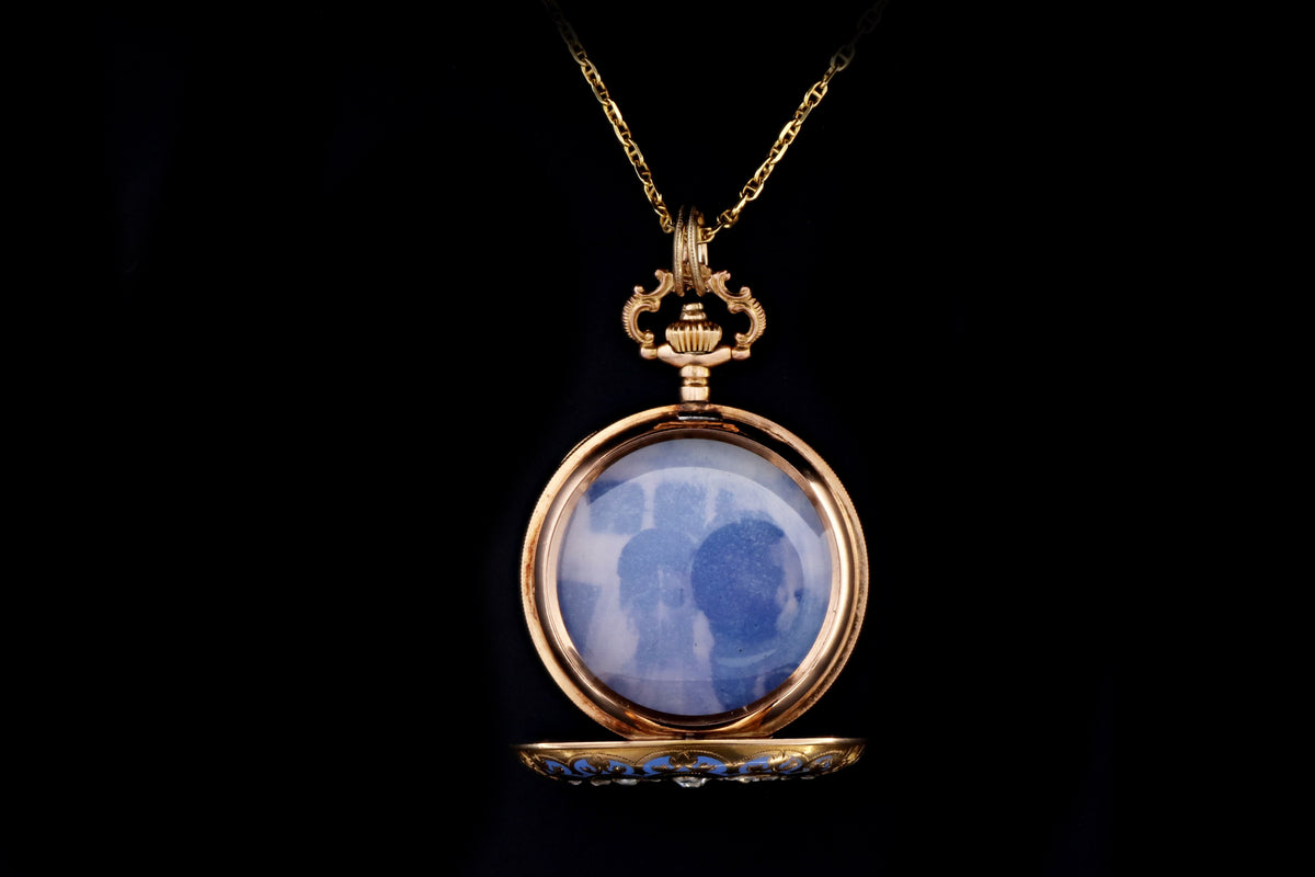 Antique 14K Yellow Gold Enamel & Rose Cut Diamond Pocket Watch Conversion Locket Pendant Necklace - Queen May
