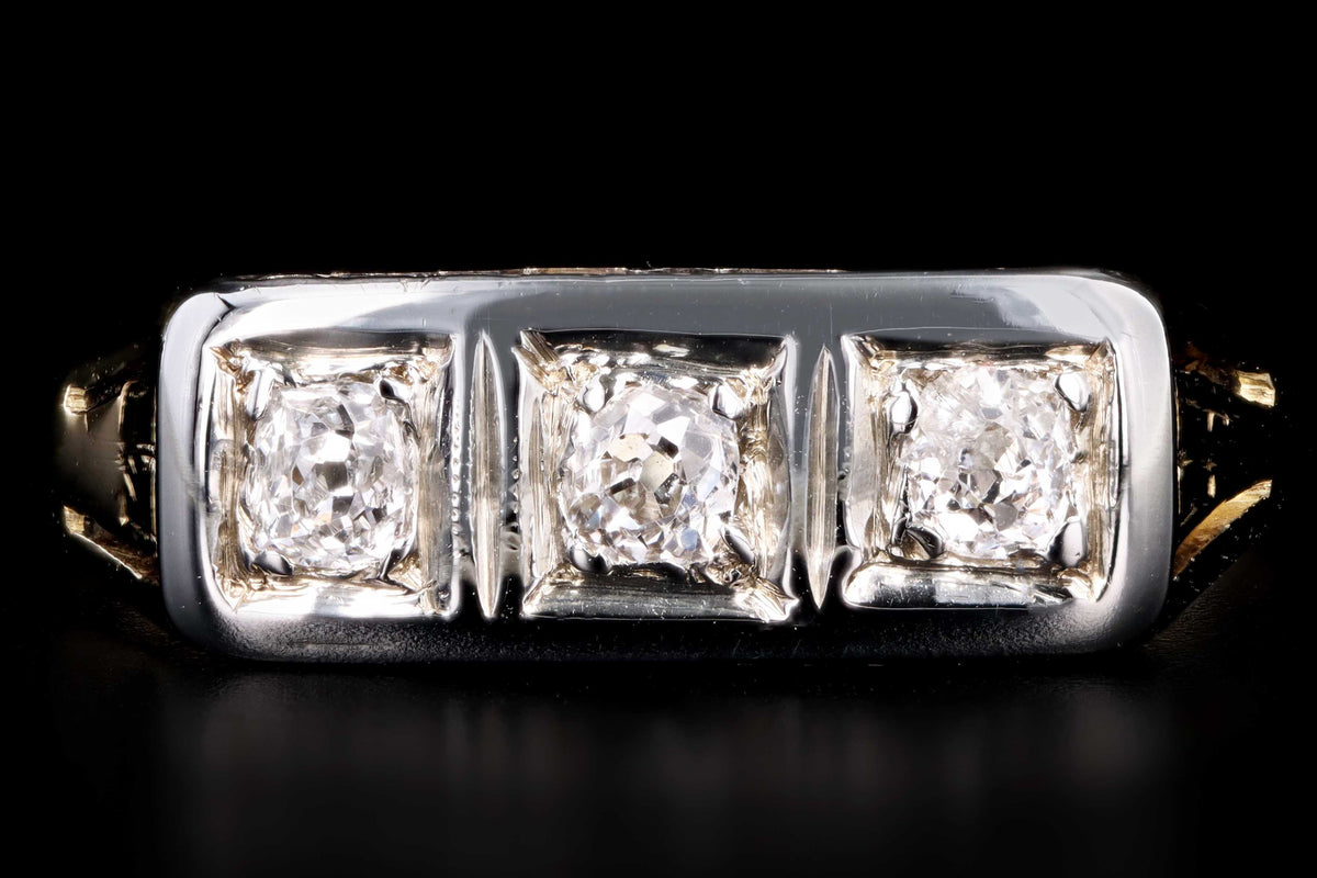 Art Deco 14K Gold Old Mine Cut Diamond Three Stone Ring - Queen May