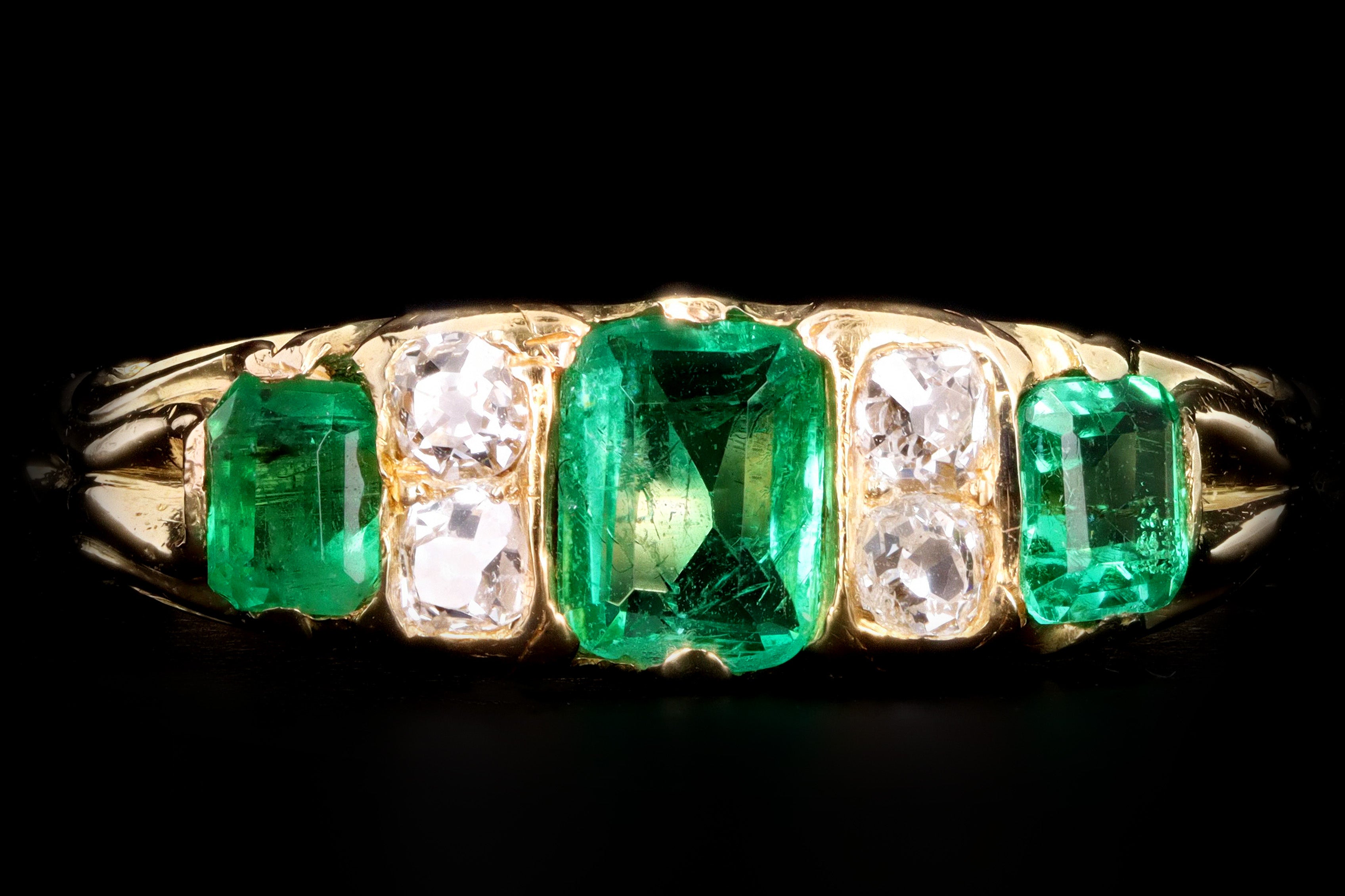 Victorian 18K Yellow Gold Emerald & Old Mine Cut Diamond Band - Queen May