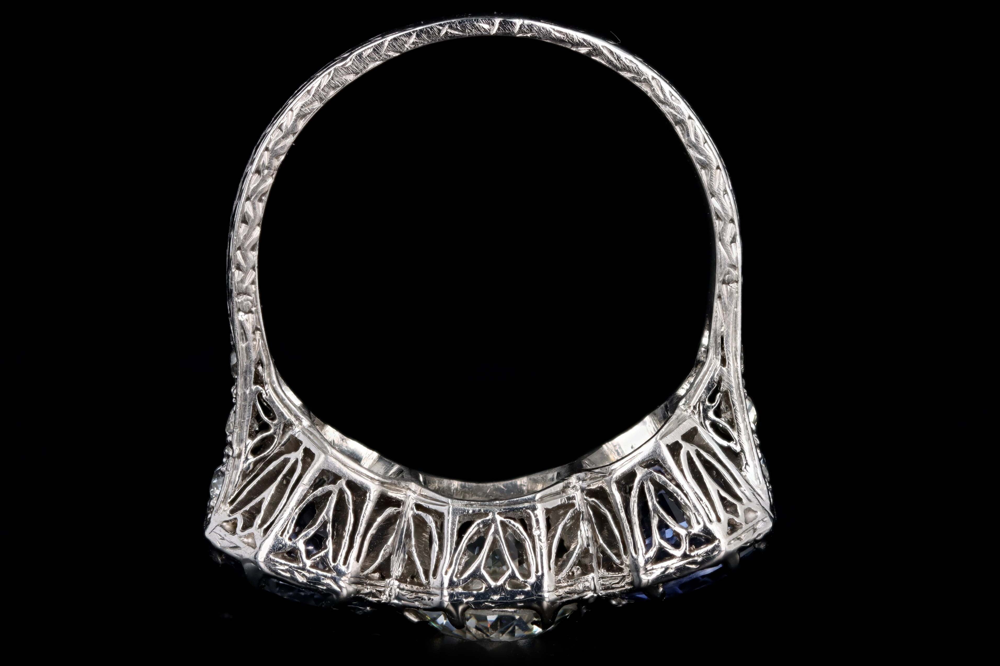 Art Deco Platinum Old European Cut Diamond & Sapphire Three Stone Ring GIA Certified - Queen May