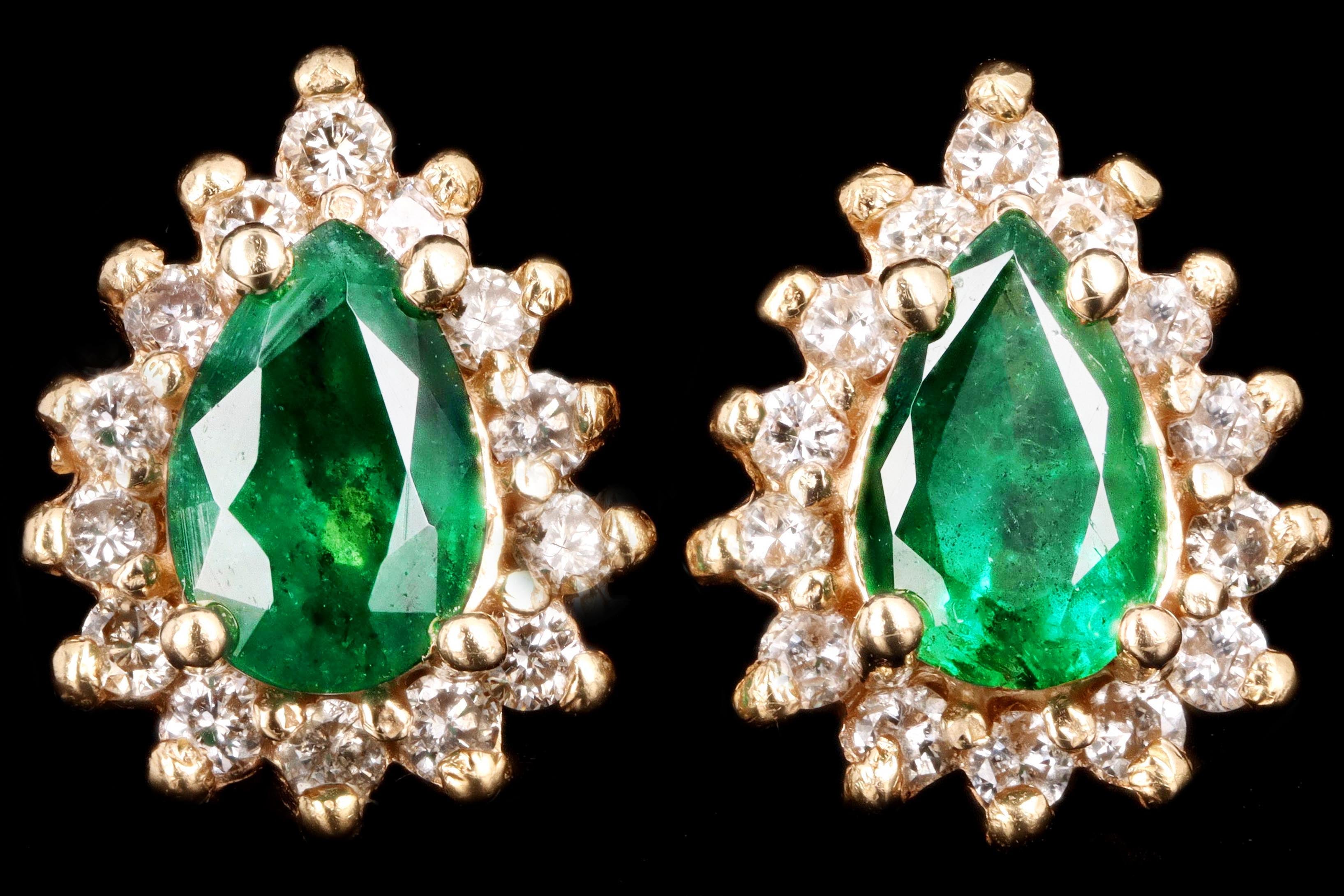 Vintage 14K Yellow Gold Natural Emerald & Diamond Halo Stud Earrings - Queen May