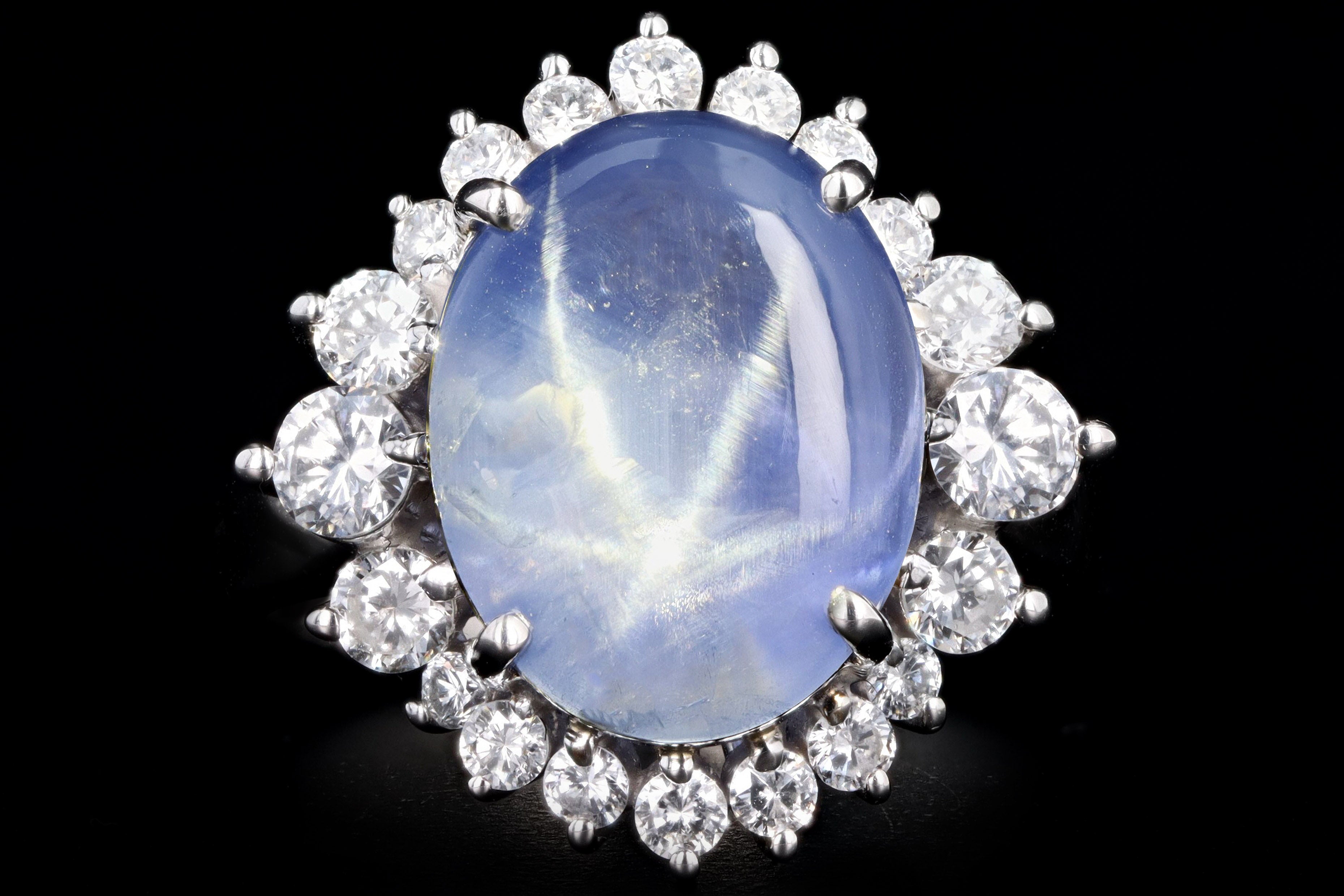 Retro Platinum 9.95 Carat Oval Cabochon Cut Natural Star Sapphire & Diamond BallerinaRing - Queen May