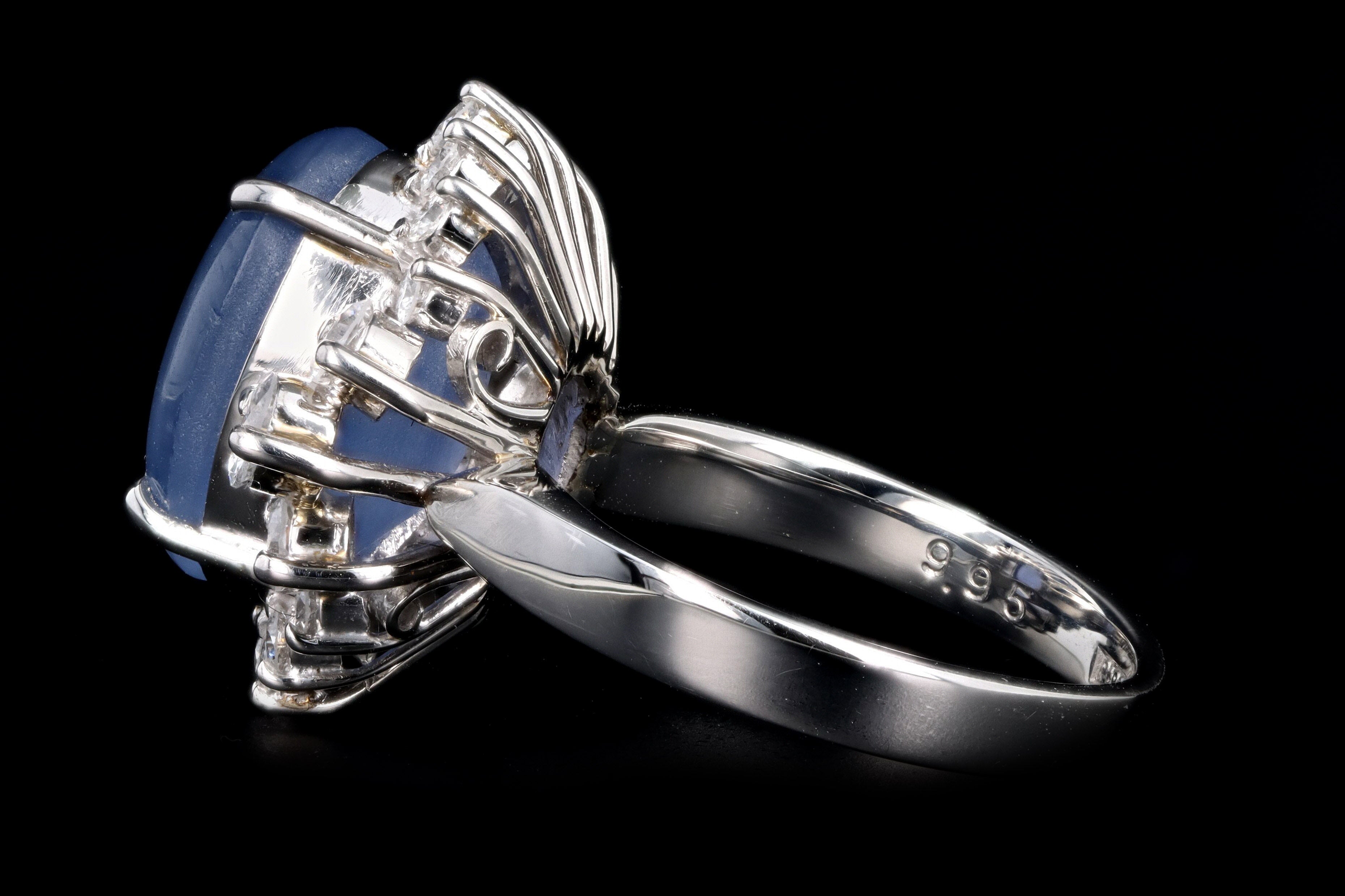 Retro Platinum 9.95 Carat Oval Cabochon Cut Natural Star Sapphire & Diamond BallerinaRing - Queen May