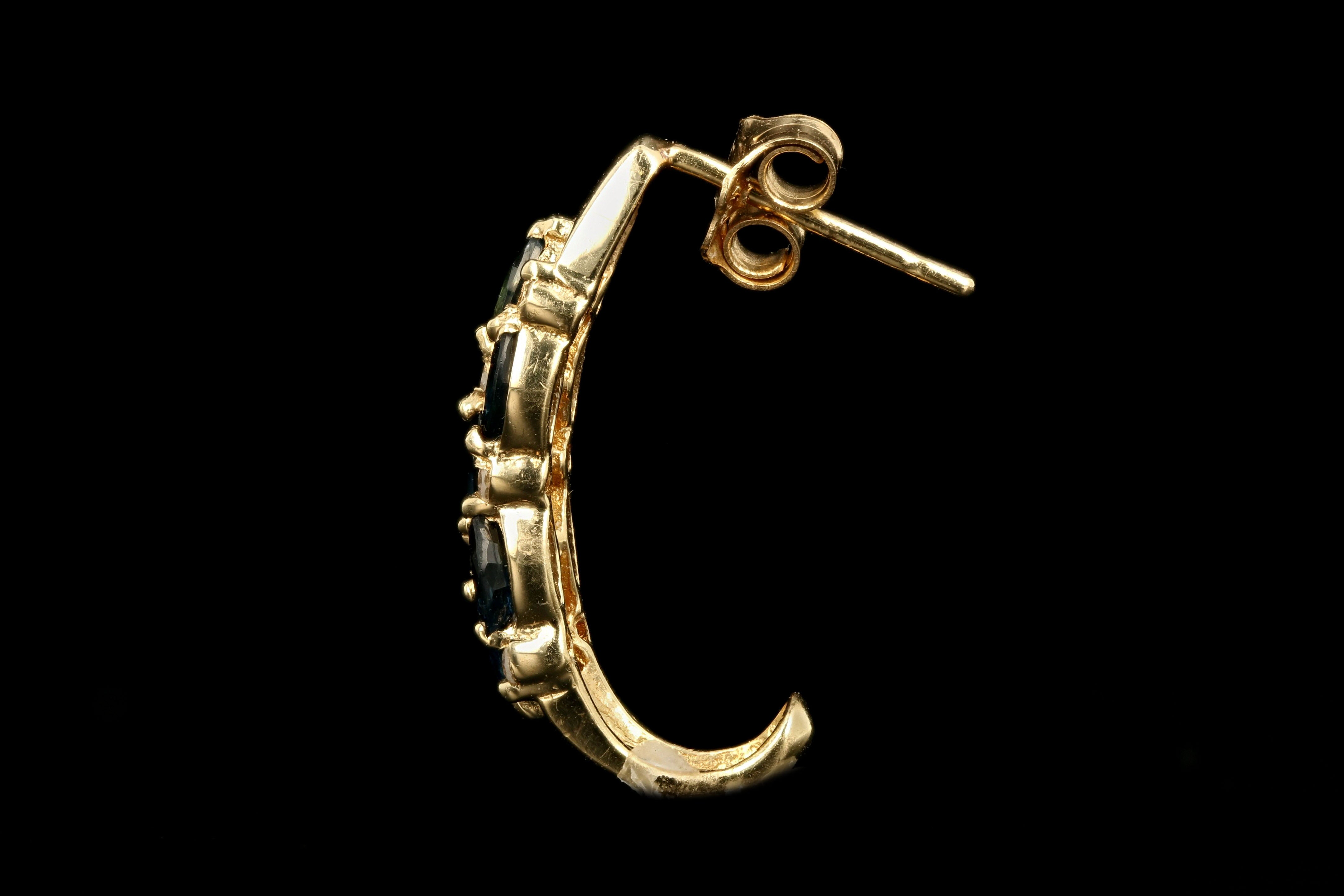 Vintage 14K Yellow Gold Natural Sapphire & Diamond Hoop Earrings - Queen May