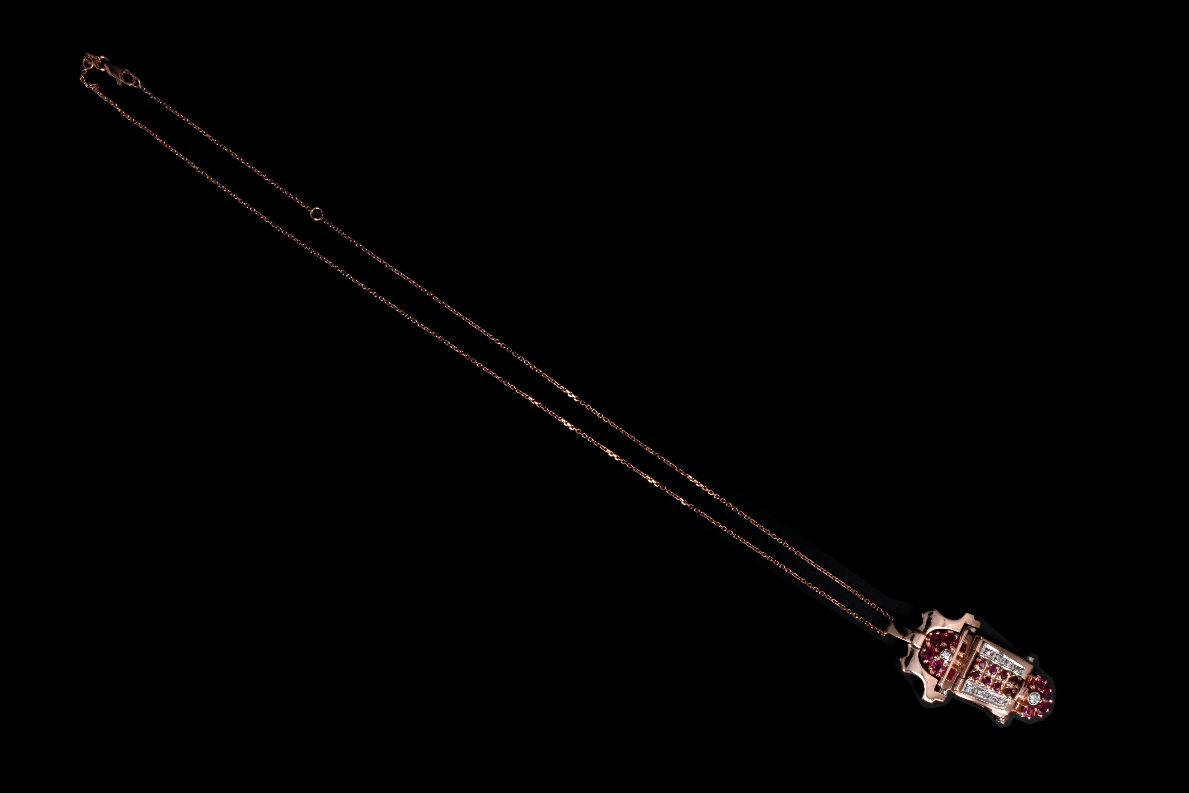 Retro 14K Rose Gold Natural Ruby & Diamond Watch Conversion Pendant Necklace - Queen May