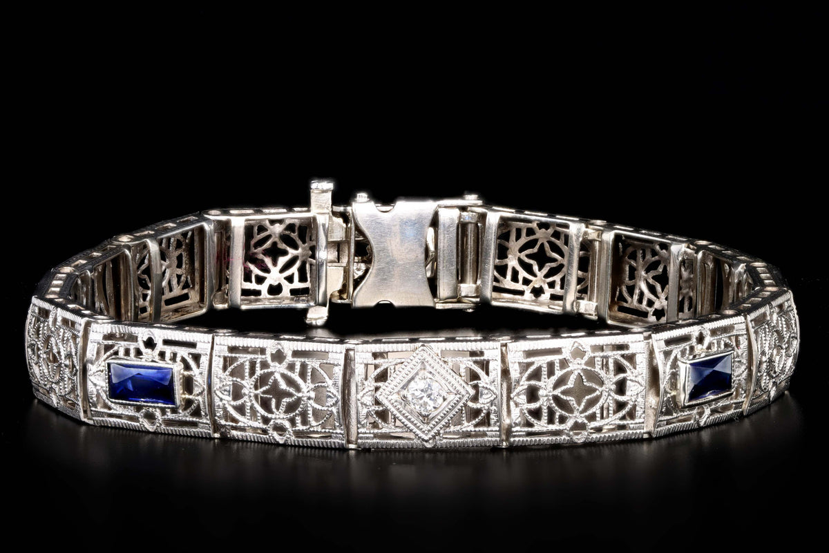 Art Deco 14K White Gold Old European Cut Diamond & Synthetic Sapphire Filigree Bracelet - Queen May