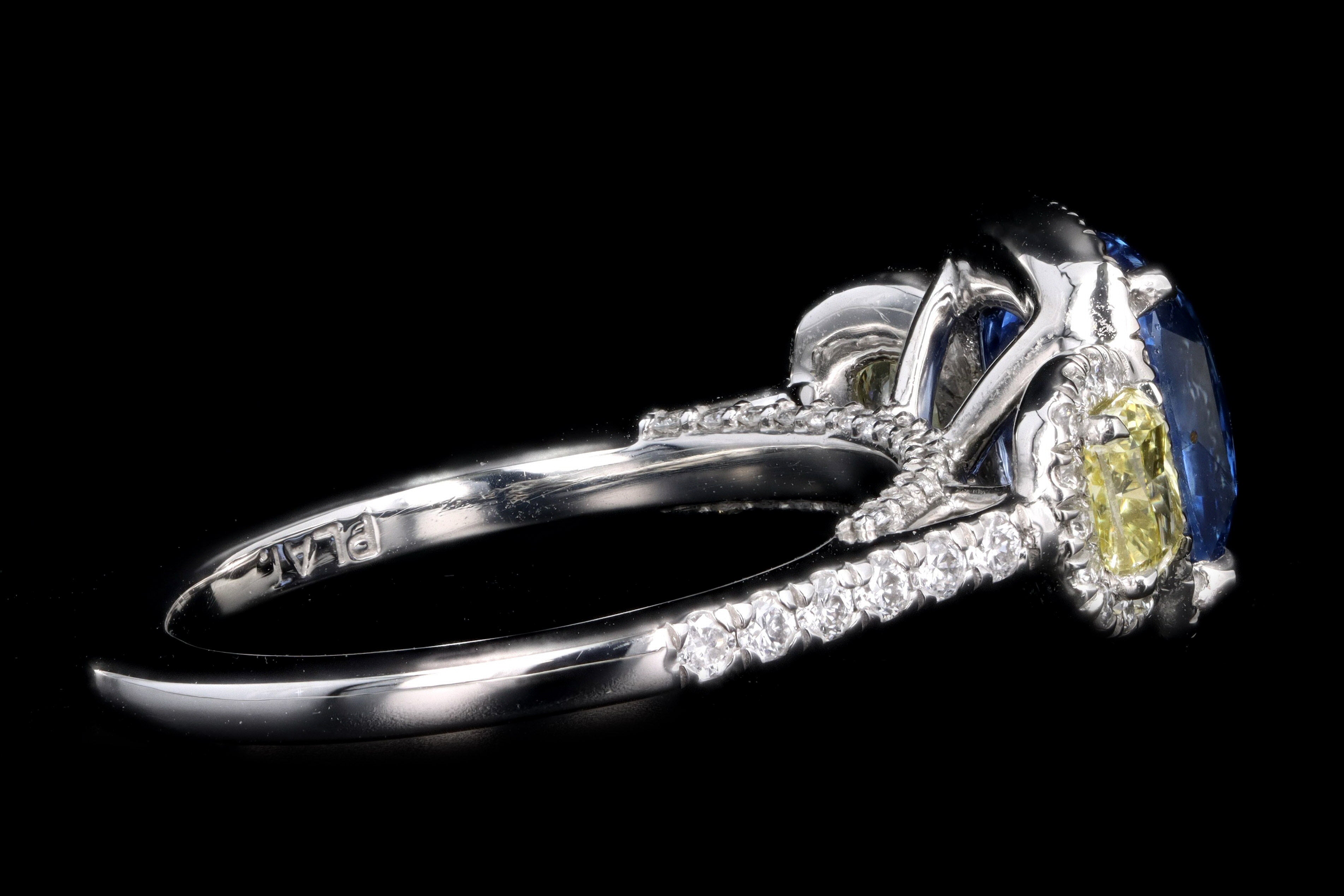 New Platinum 3.15 Carat Cushion Cut Natural No Heat Ceylon Sapphire & Yellow Diamond Ring - Queen May