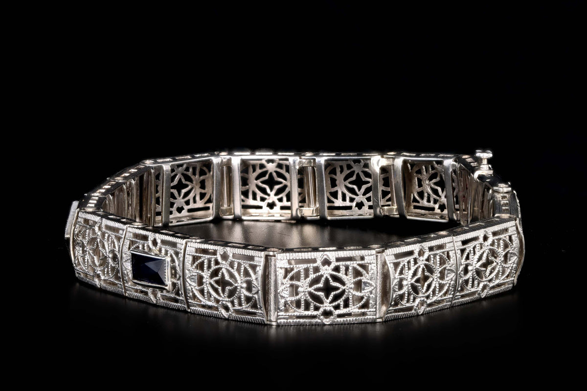 Art Deco 14K White Gold Old European Cut Diamond & Synthetic Sapphire Filigree Bracelet - Queen May