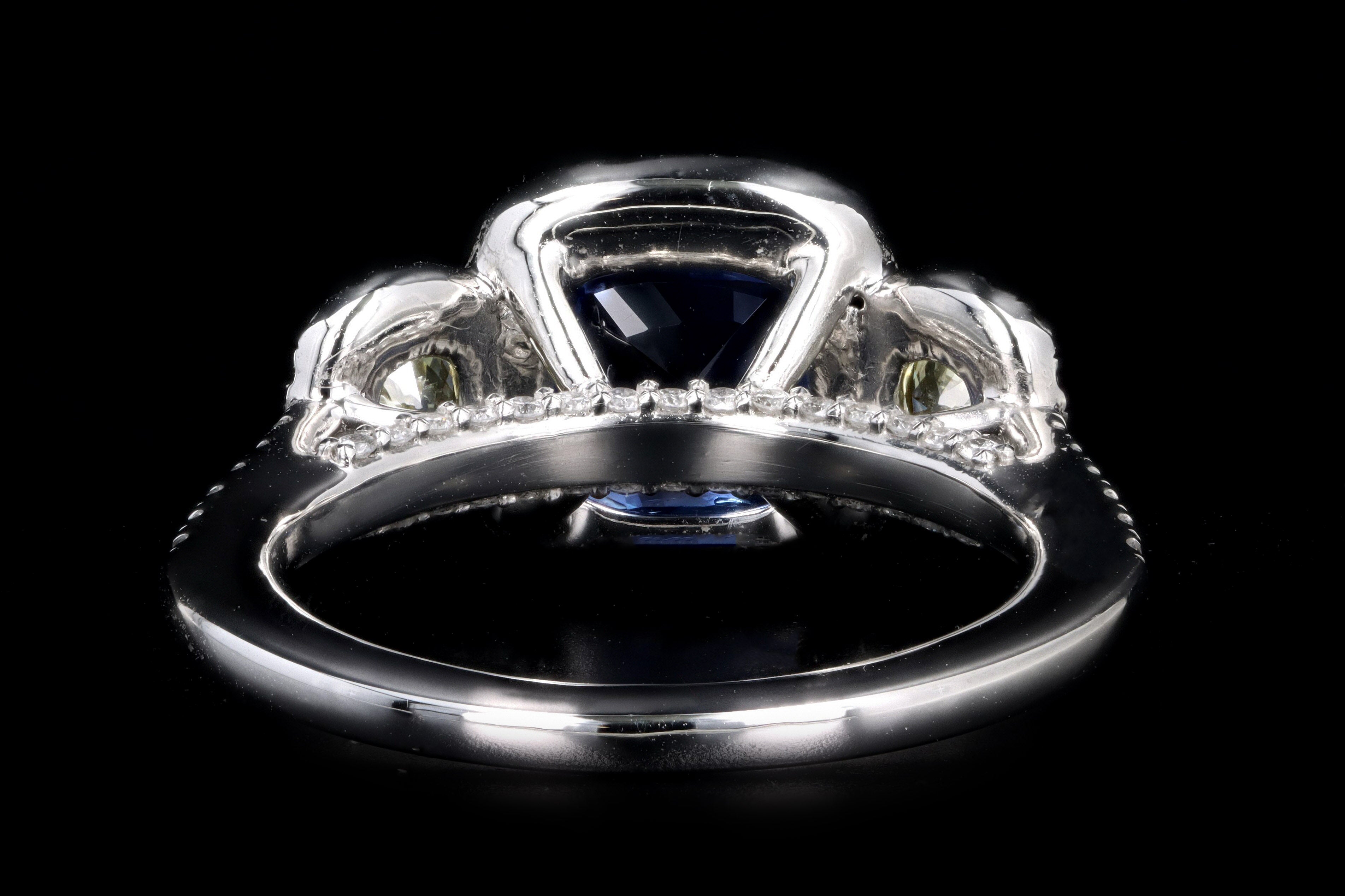 New Platinum 3.15 Carat Cushion Cut Natural No Heat Ceylon Sapphire & Yellow Diamond Ring - Queen May