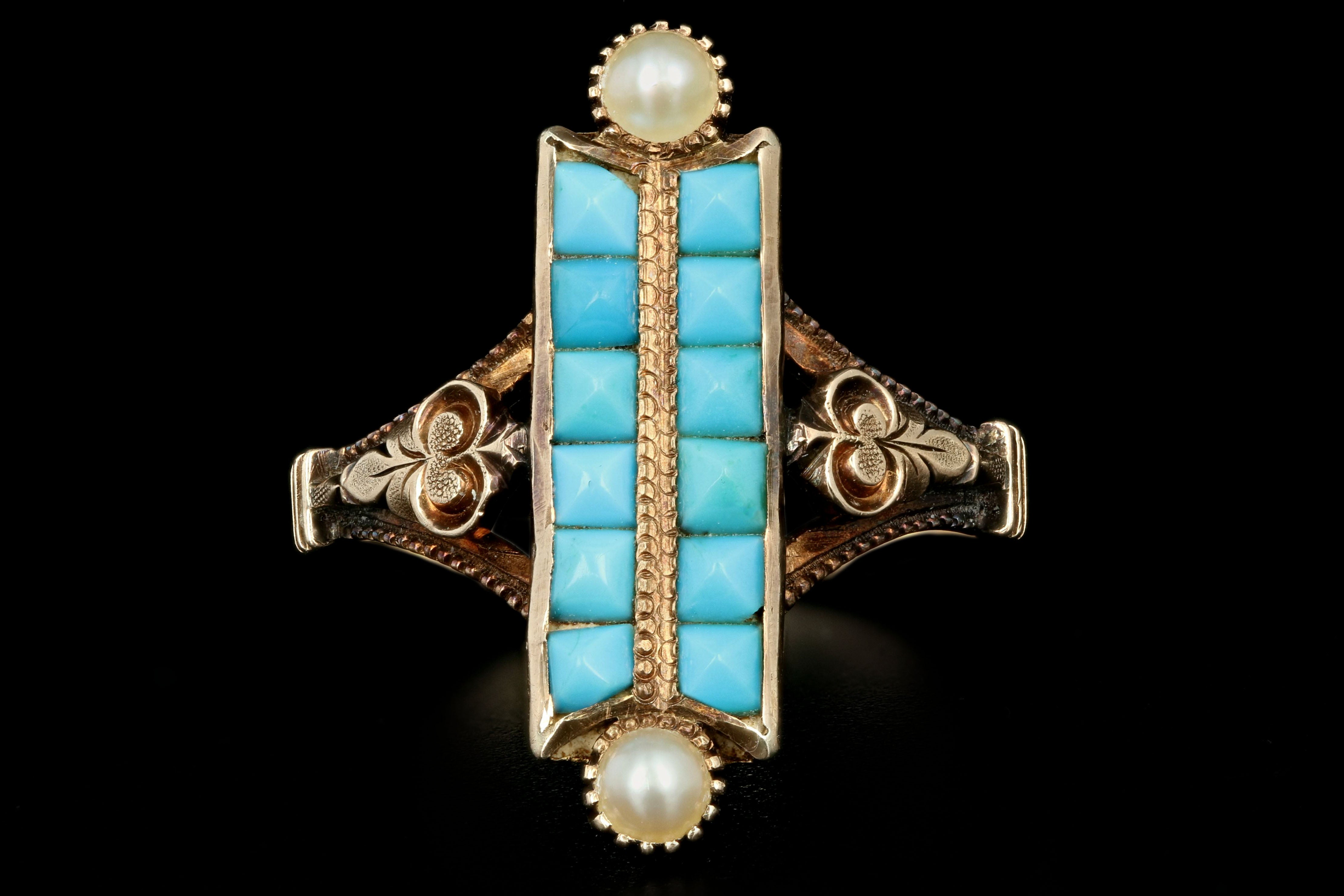 Victorian 14K Rose Gold Natural Turquoise & Pearl Ring - Queen May