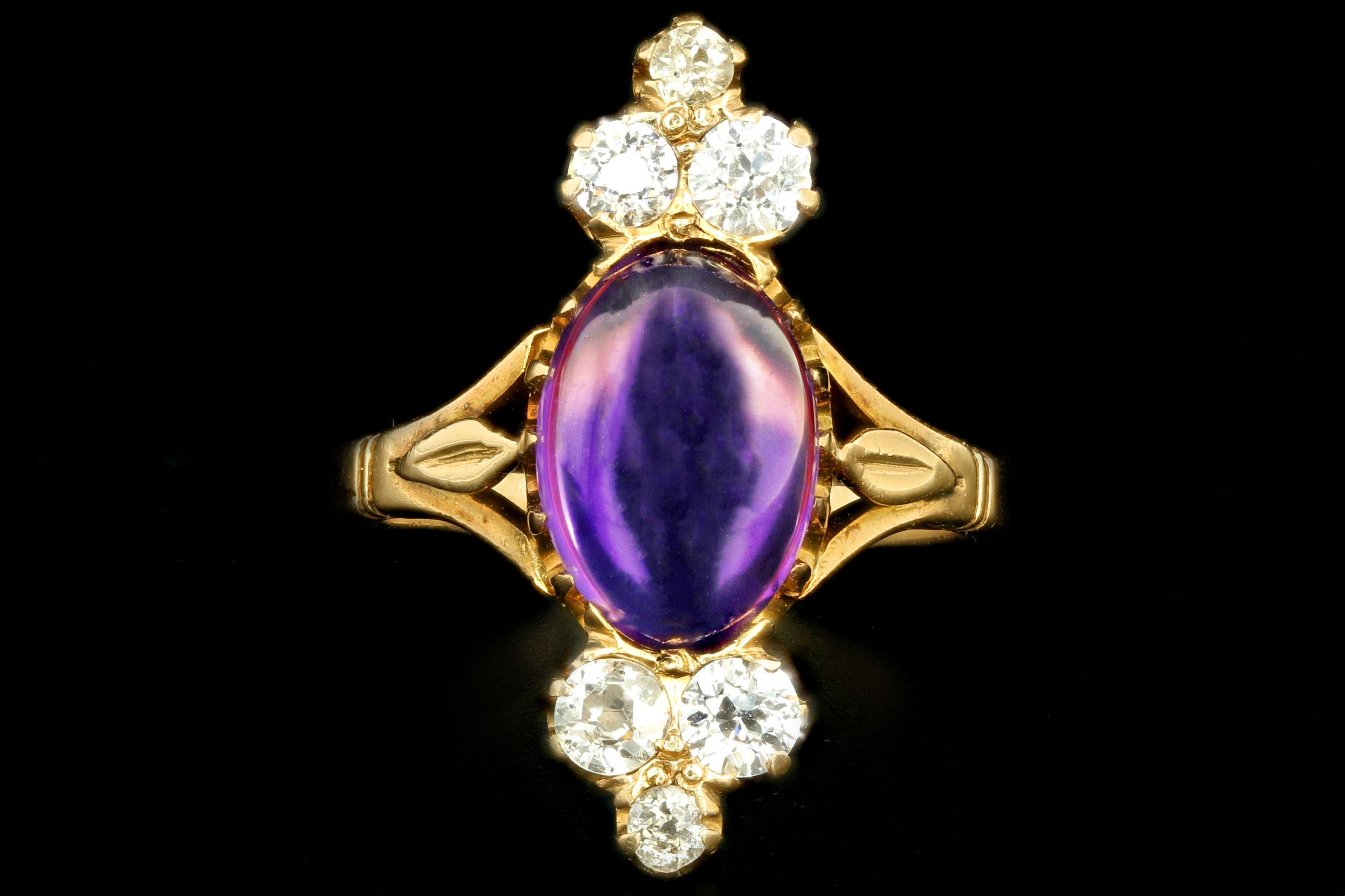 Victorian 14K Yellow Gold 2.77 Carat Cabochon Amethyst & Diamond Ring - Queen May