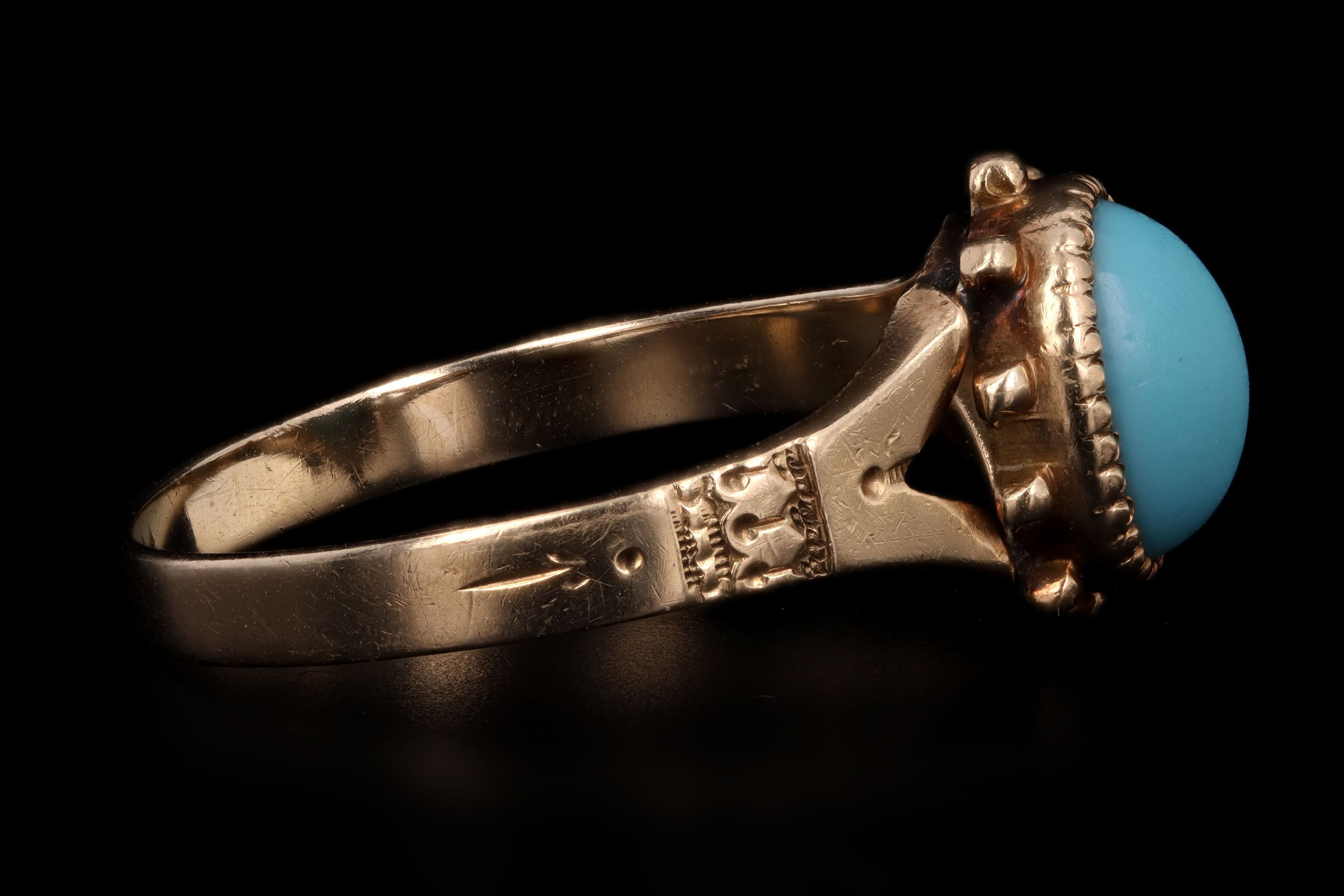 Victorian 10K Yellow Gold Oval Cabochon Cut Imitation Turquoise Ring - Queen May