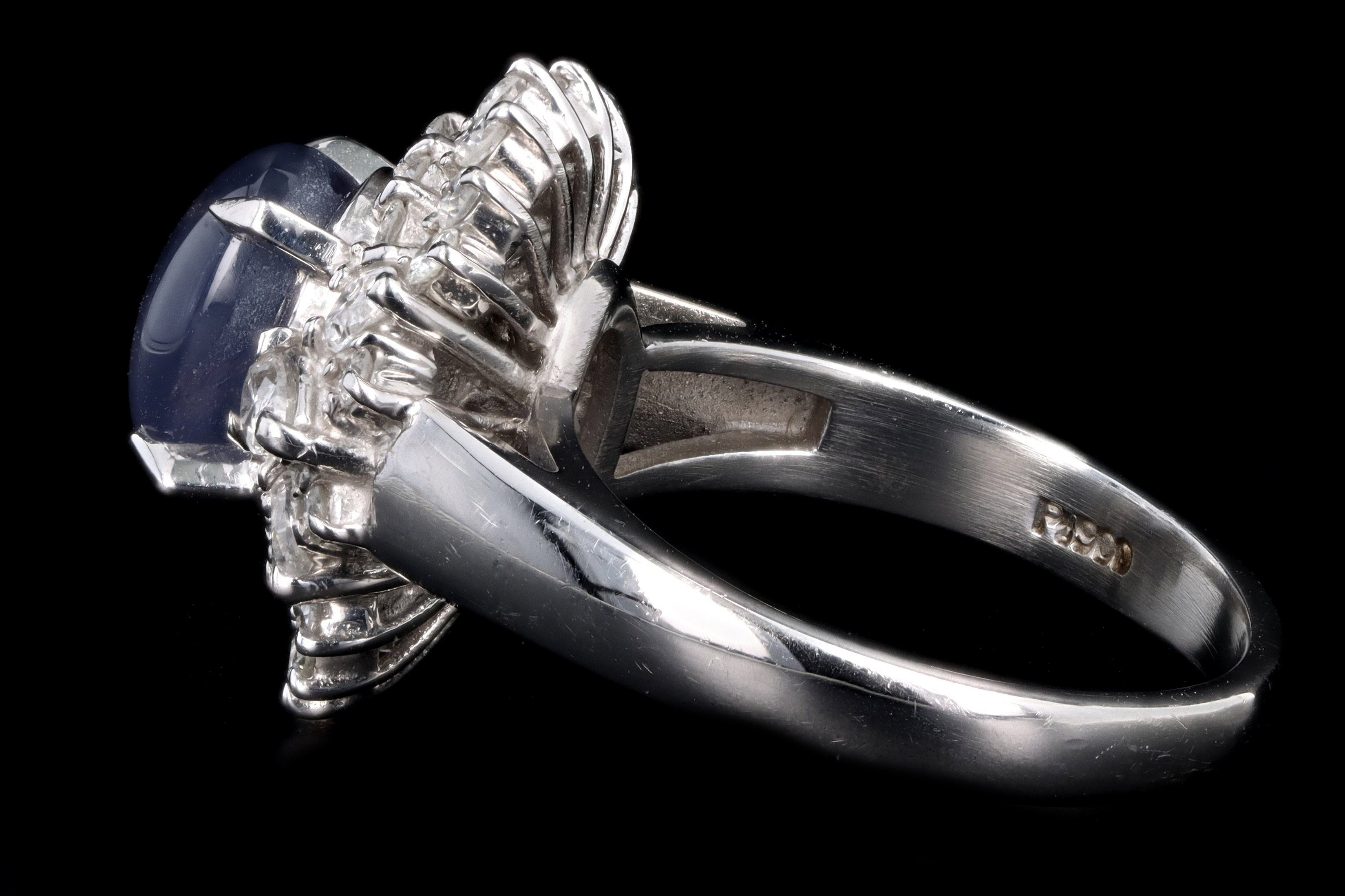 Retro Platinum 2.63 Carat Oval Cabochon Cut Natural Star Sapphire & Diamond Ballerina Ring - Queen May