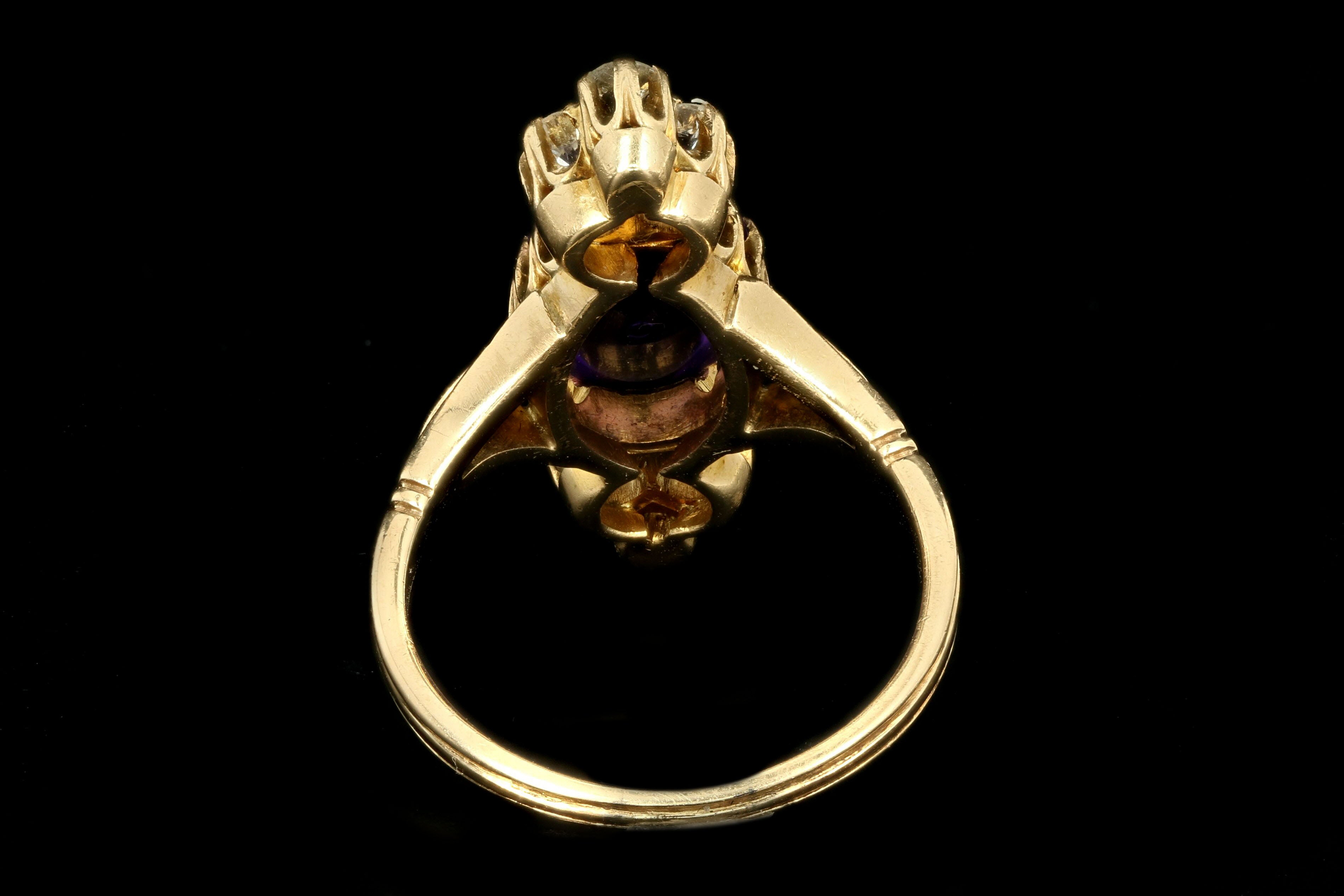 Victorian 14K Yellow Gold 2.77 Carat Cabochon Amethyst & Diamond Ring - Queen May