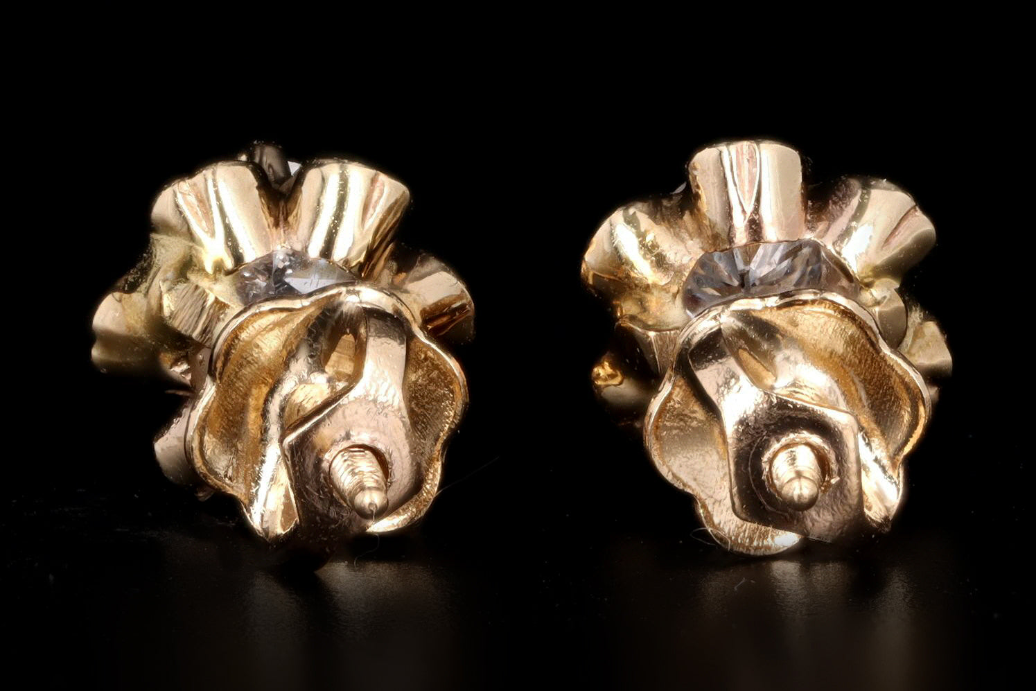 Victorian Inspired 14K Yellow Gold .30 Carat Total Weight Diamond Belcher Screw Back Stud Earrings - Queen May