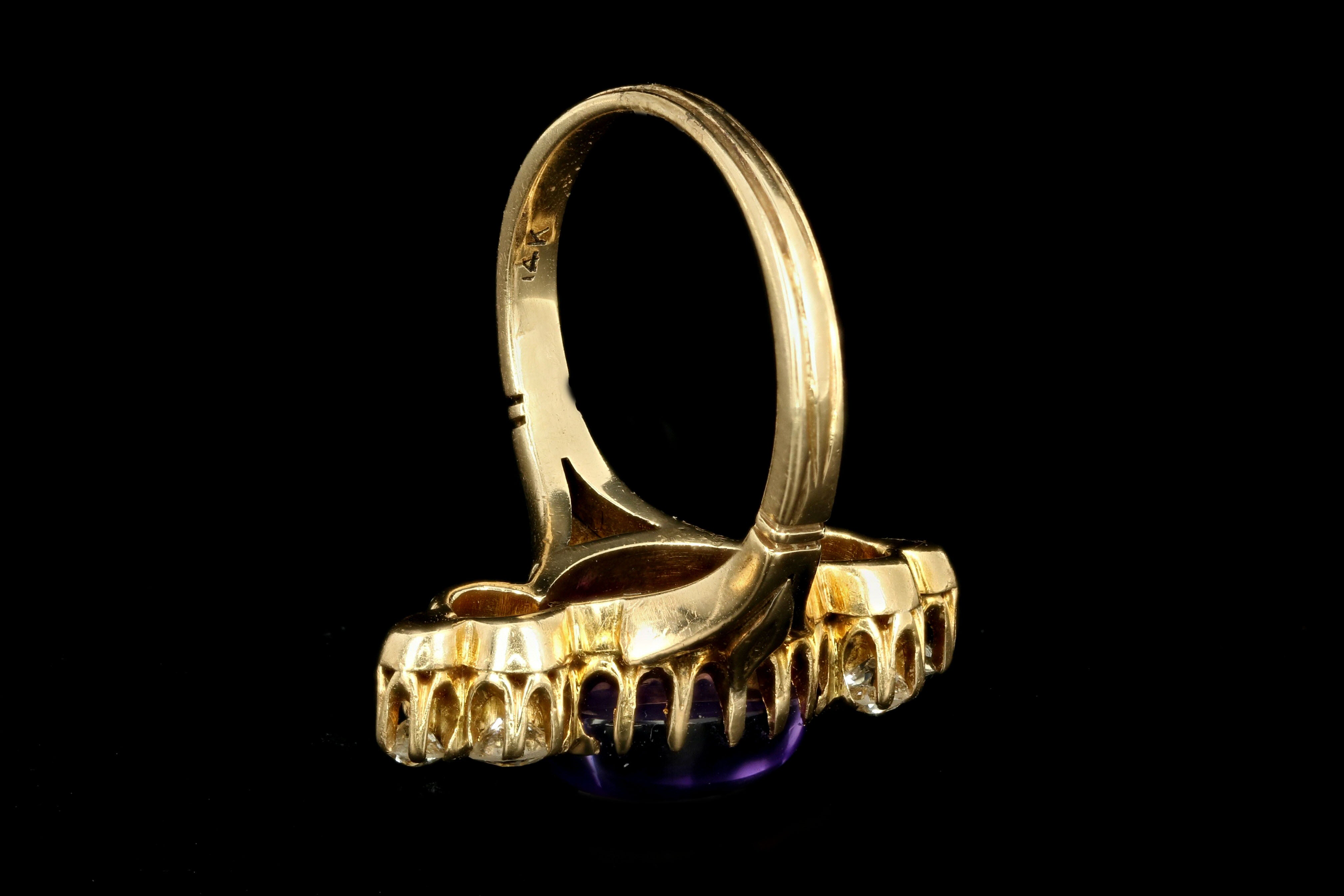 Victorian 14K Yellow Gold 2.77 Carat Cabochon Amethyst & Diamond Ring - Queen May