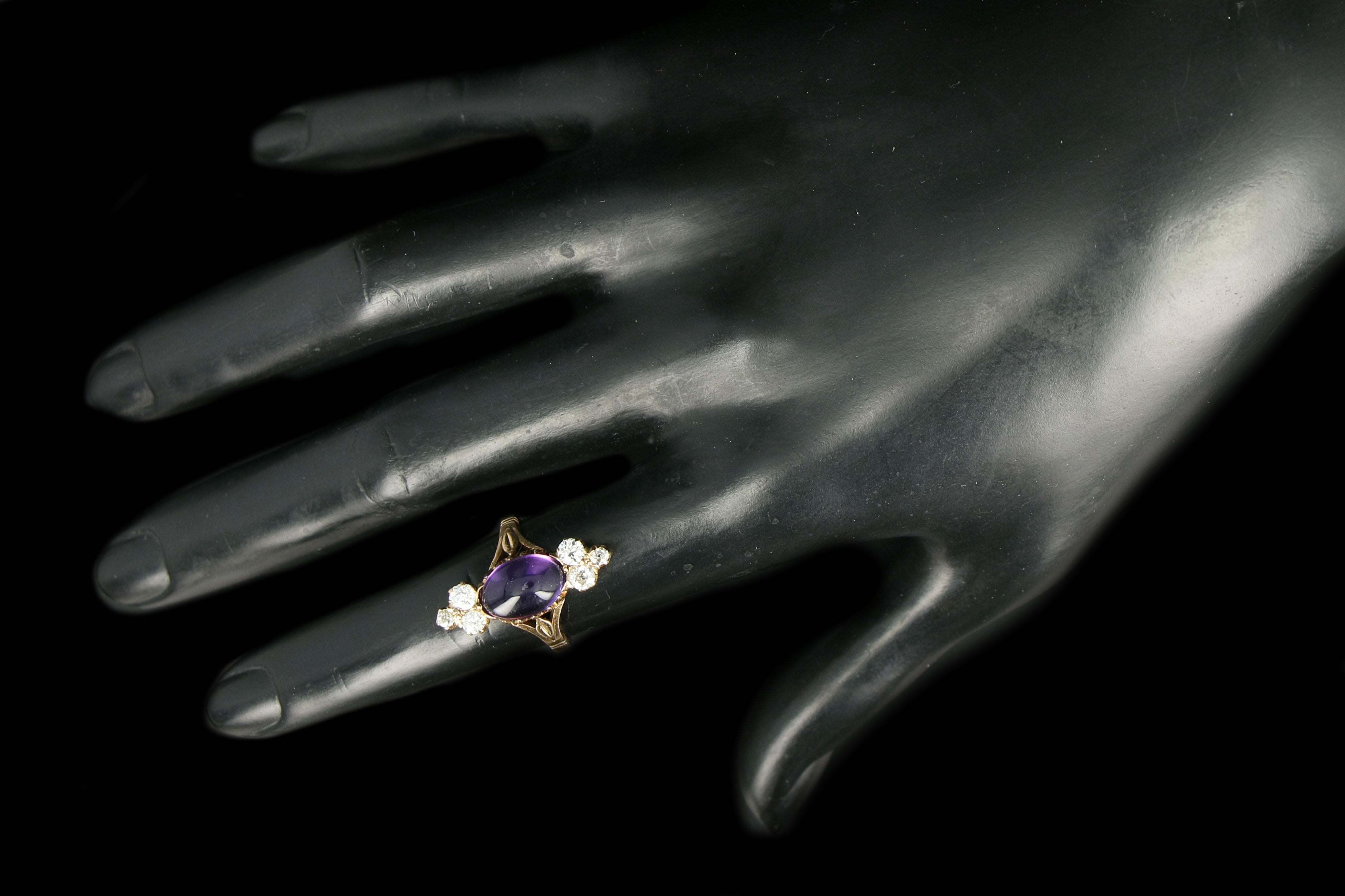 Victorian 14K Yellow Gold 2.77 Carat Cabochon Amethyst & Diamond Ring - Queen May