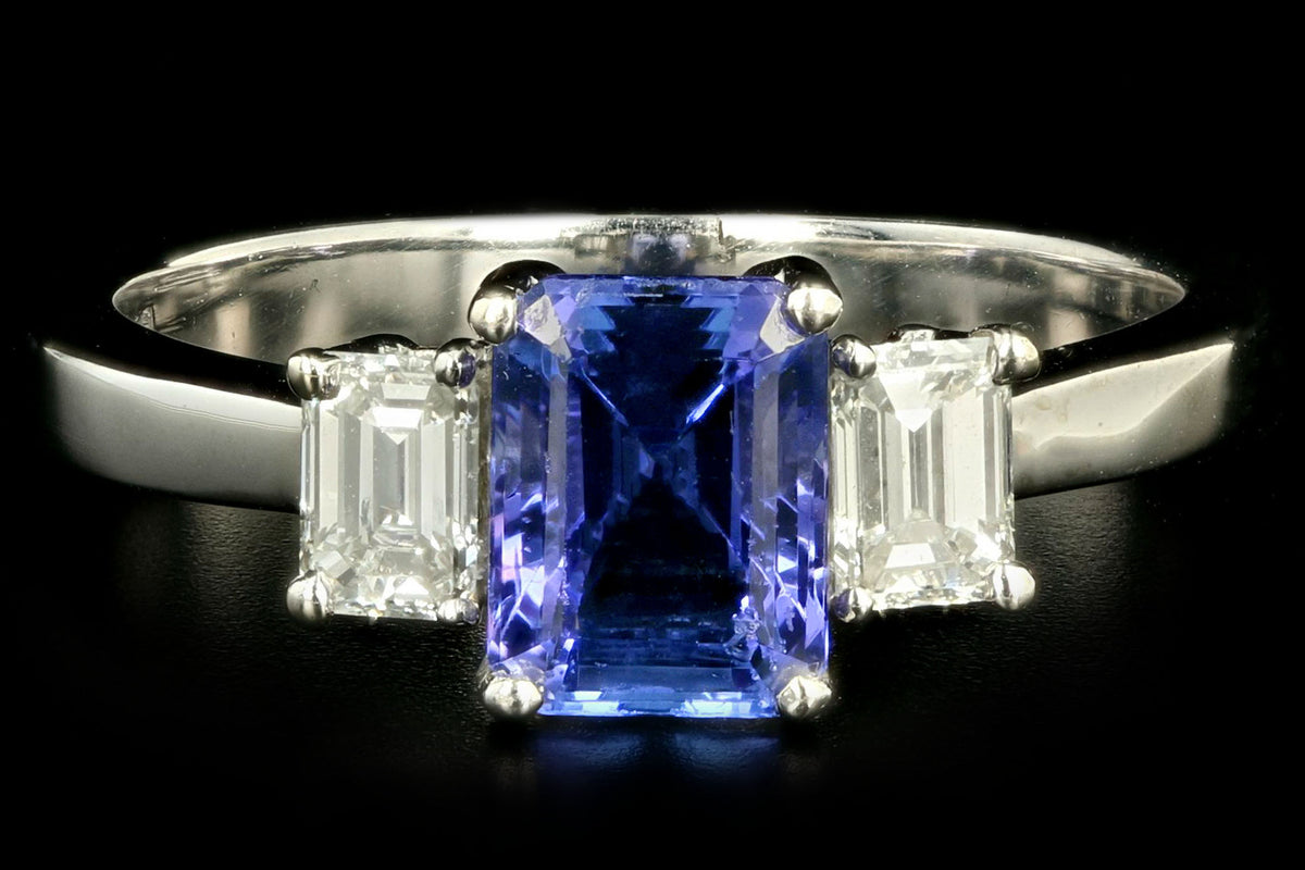 Modern 14K White Gold 1.80 Carat Tanzanite & Emerald Cut Diamond Ring - Queen May