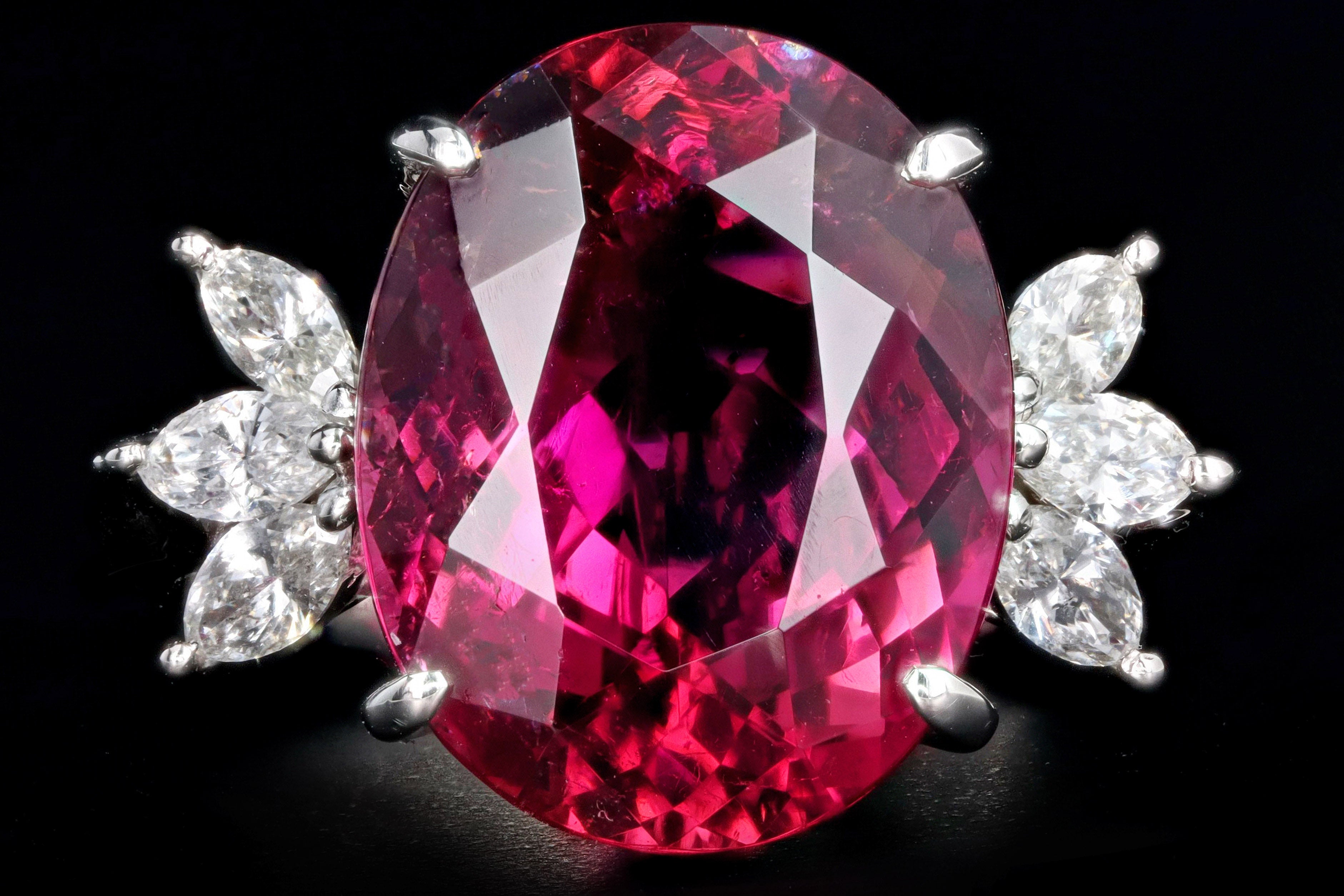 Retro Platinum 8.78 Carat Oval Rubellite Tourmaline & Diamond Ring - Queen May