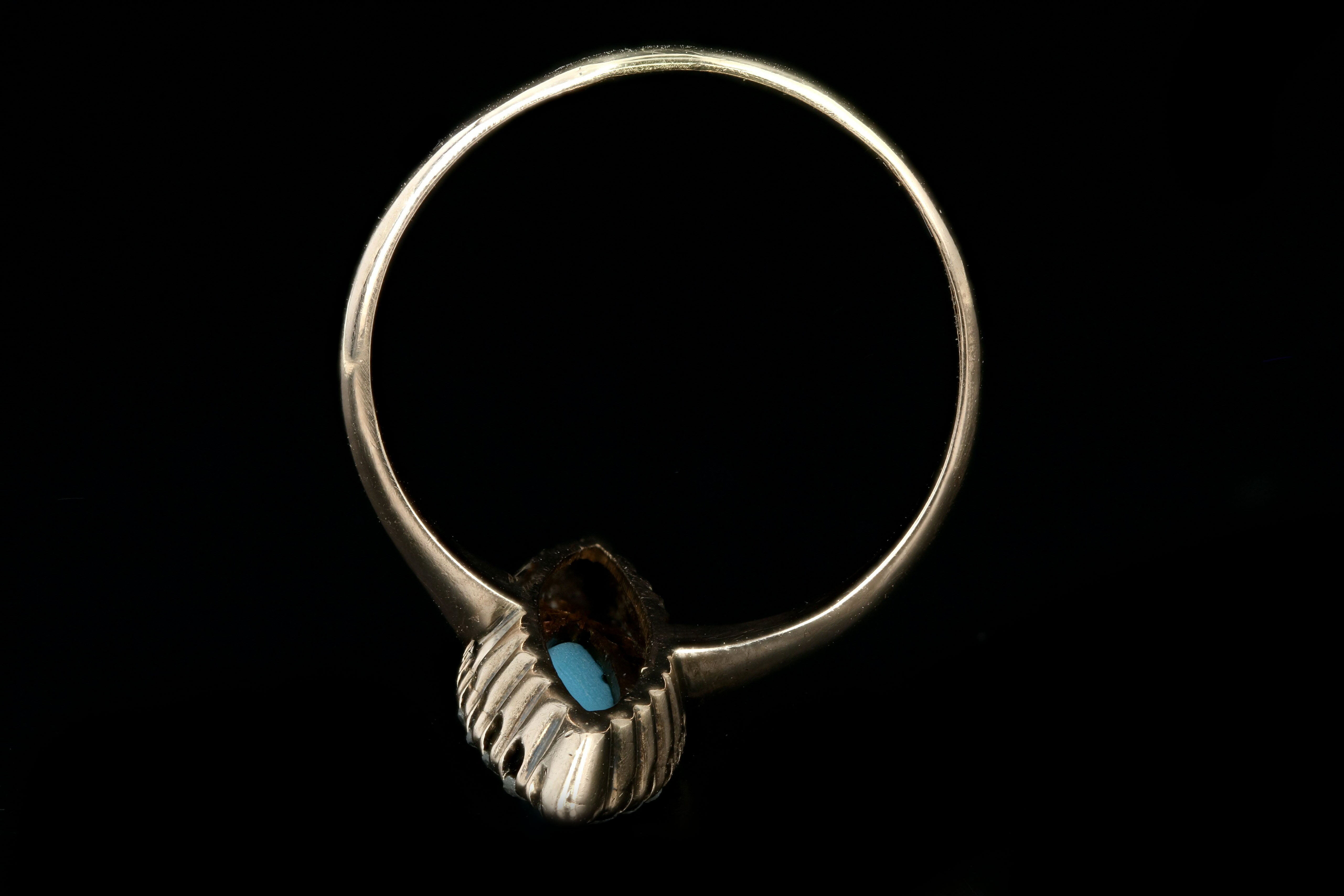 Victorian 10K Rose Gold Natural Turquoise & Rose Cut Diamond Navette Ring - Queen May