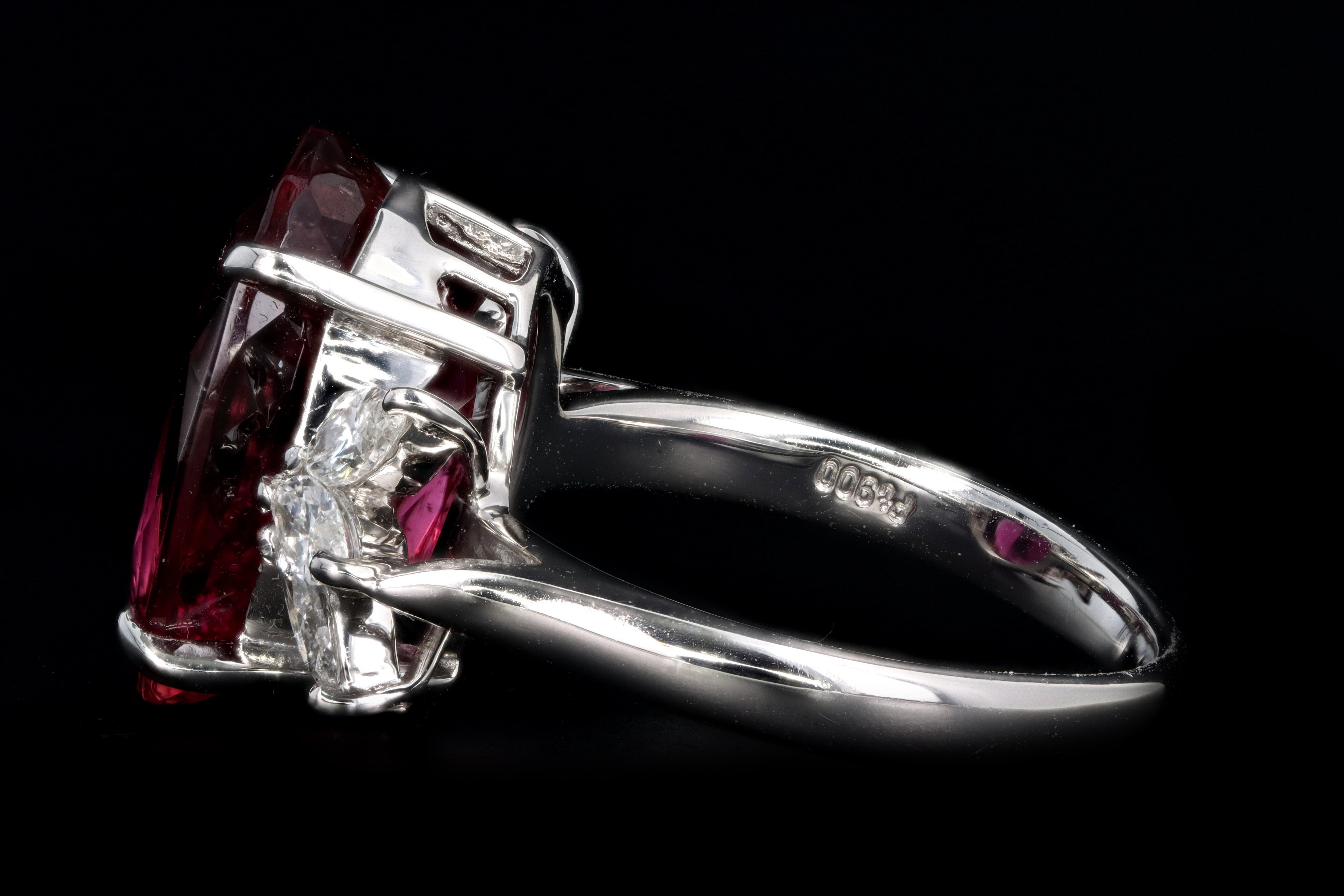 Retro Platinum 8.78 Carat Oval Rubellite Tourmaline & Diamond Ring - Queen May