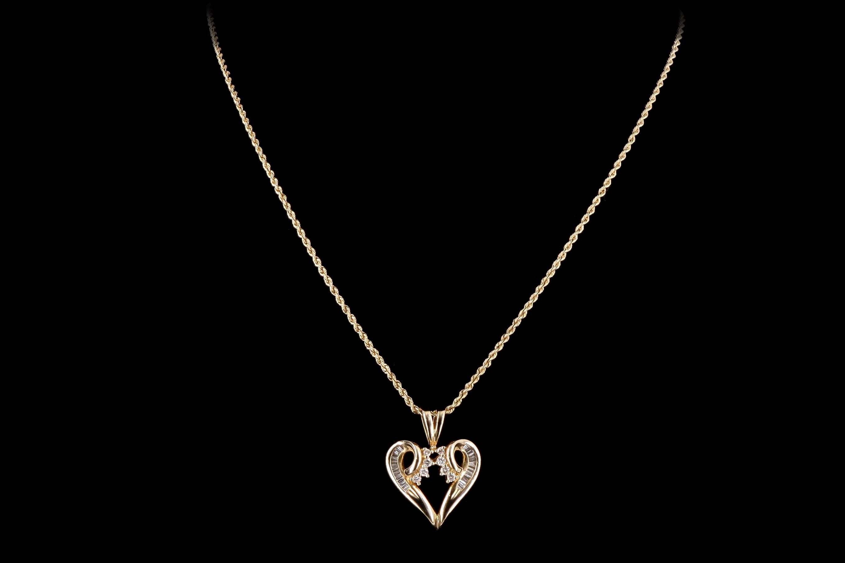 Vintage 14K Yellow Gold Baguette Diamond Heart Pendant Necklace - Queen May