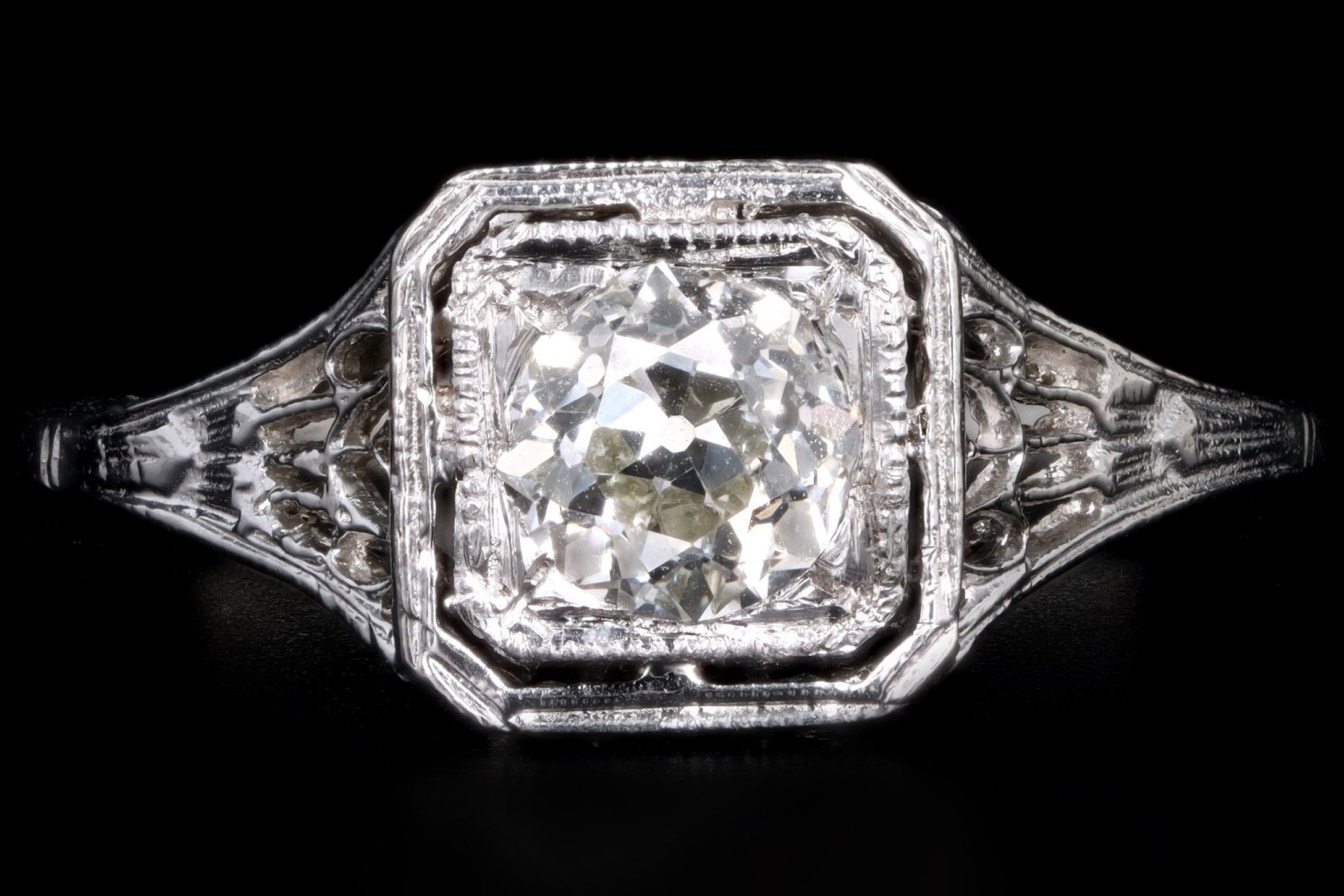 Art Deco 14K White Gold .60 Old European Cut Diamond Filigree Engagement Ring EGL Certified - Queen May