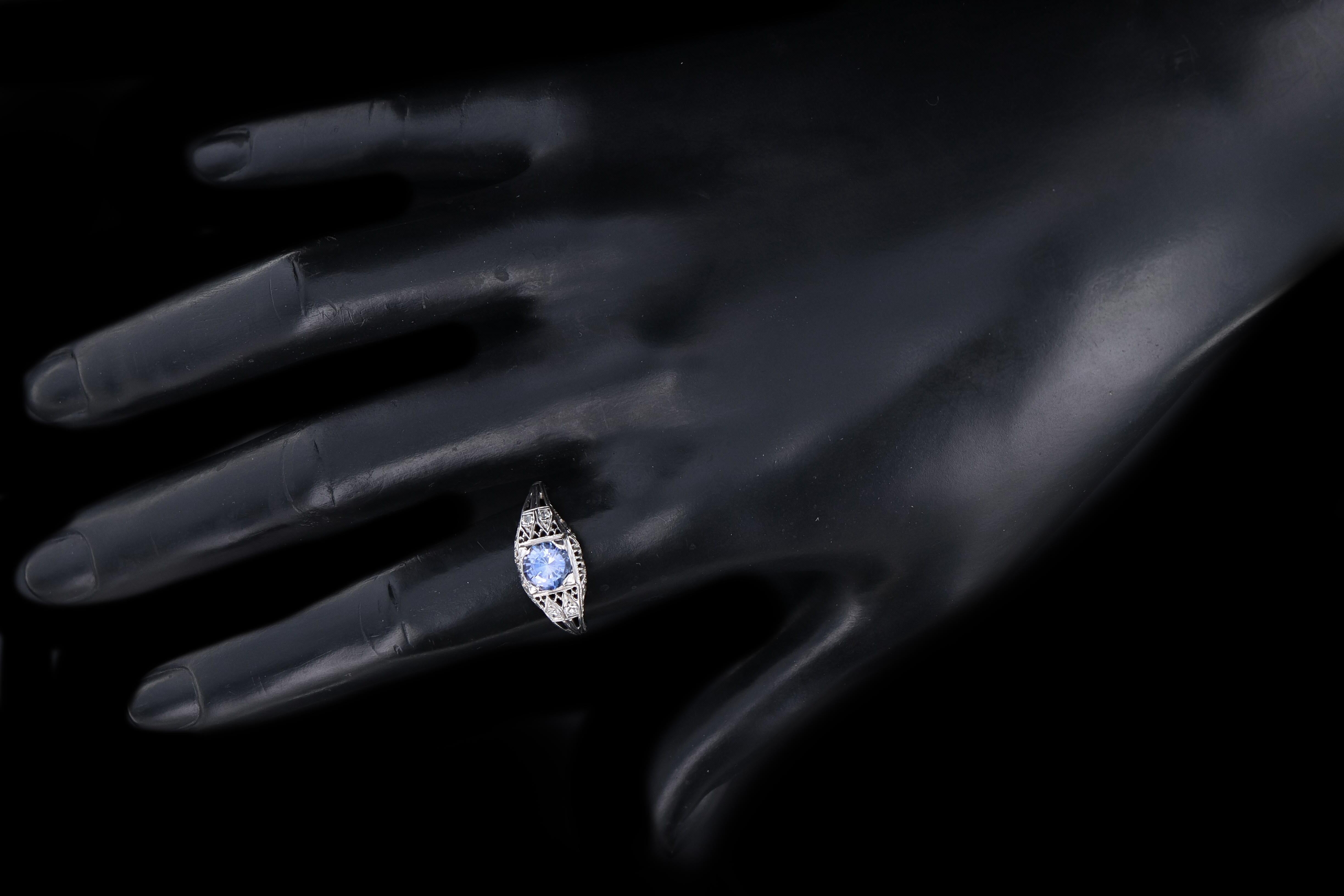 Art Deco 18K White Gold 1.10 Carat Natural Sapphire and Diamond Ring - Queen May