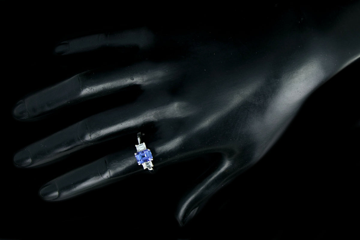 Modern 14K White Gold 1.80 Carat Tanzanite & Emerald Cut Diamond Ring - Queen May