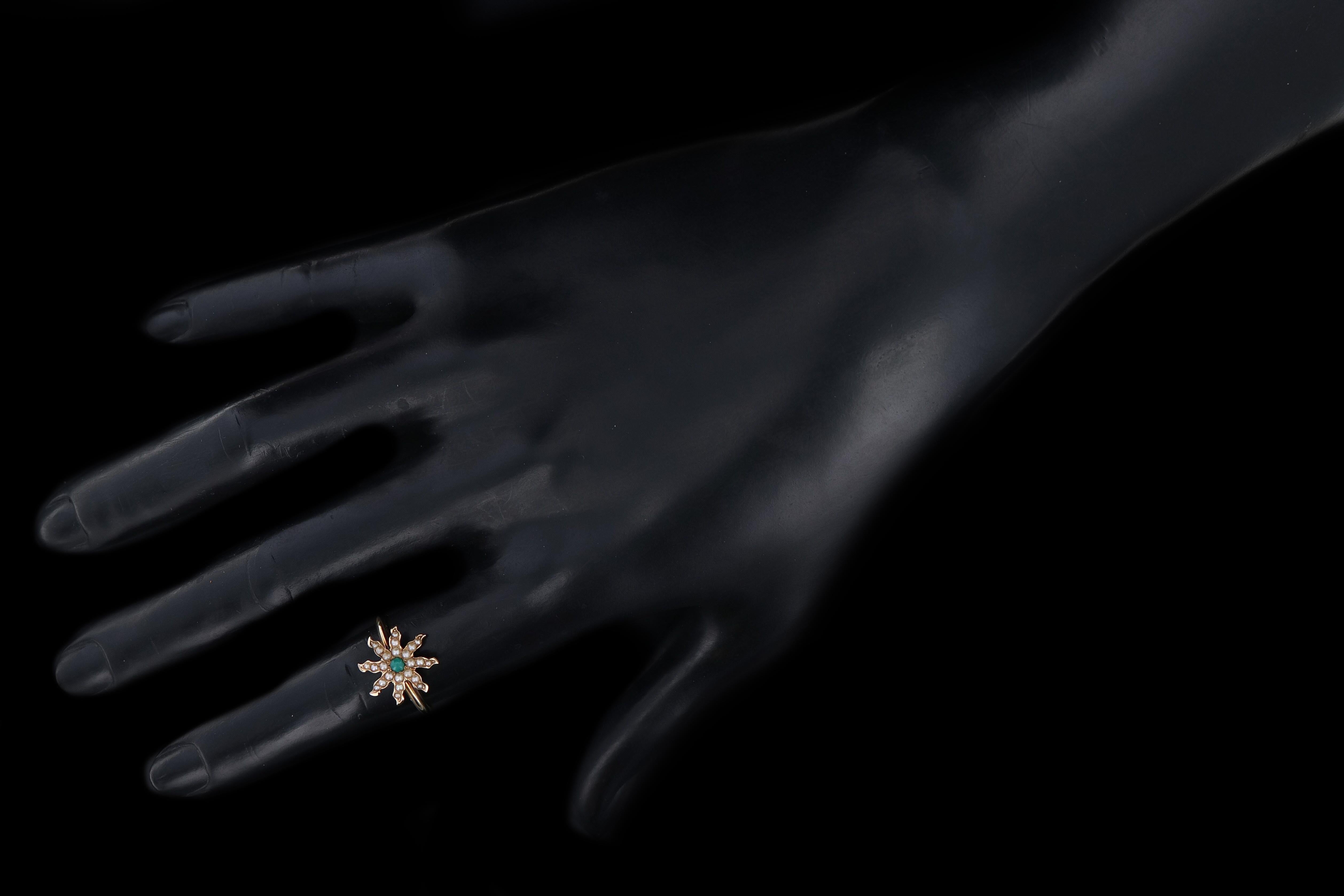 Victorian 14K Yellow Gold Chrysoprase & Seed Pearl Flower Conversion Ring - Queen May