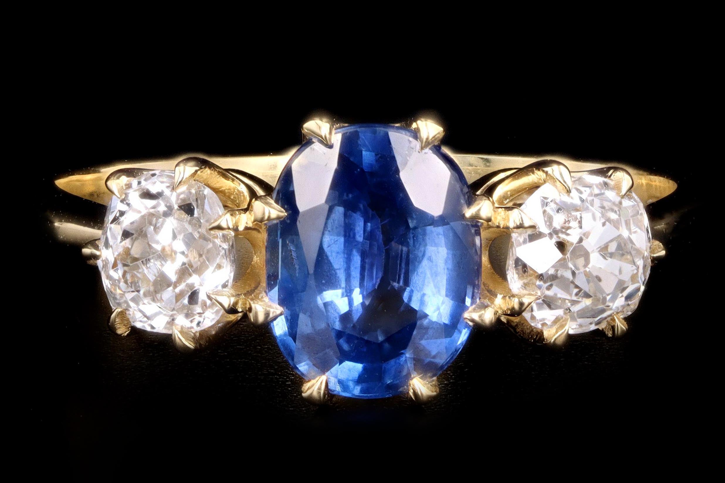 New Vintage Inspired 18K Yellow Gold 1.30 Carat Natural Sapphire & Old Mine Diamond Ring - Queen May