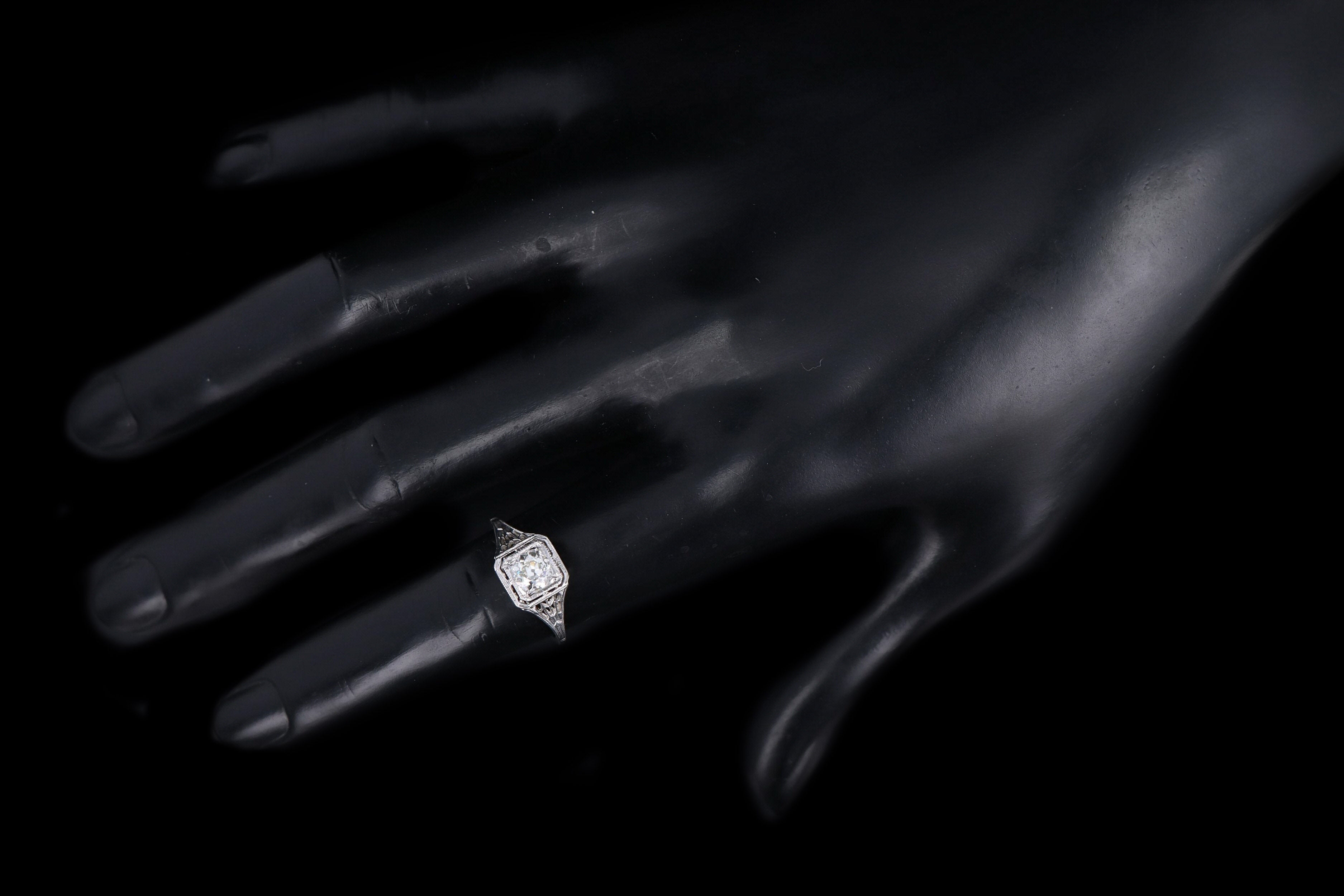 Art Deco 14K White Gold .60 Old European Cut Diamond Filigree Engagement Ring EGL Certified - Queen May