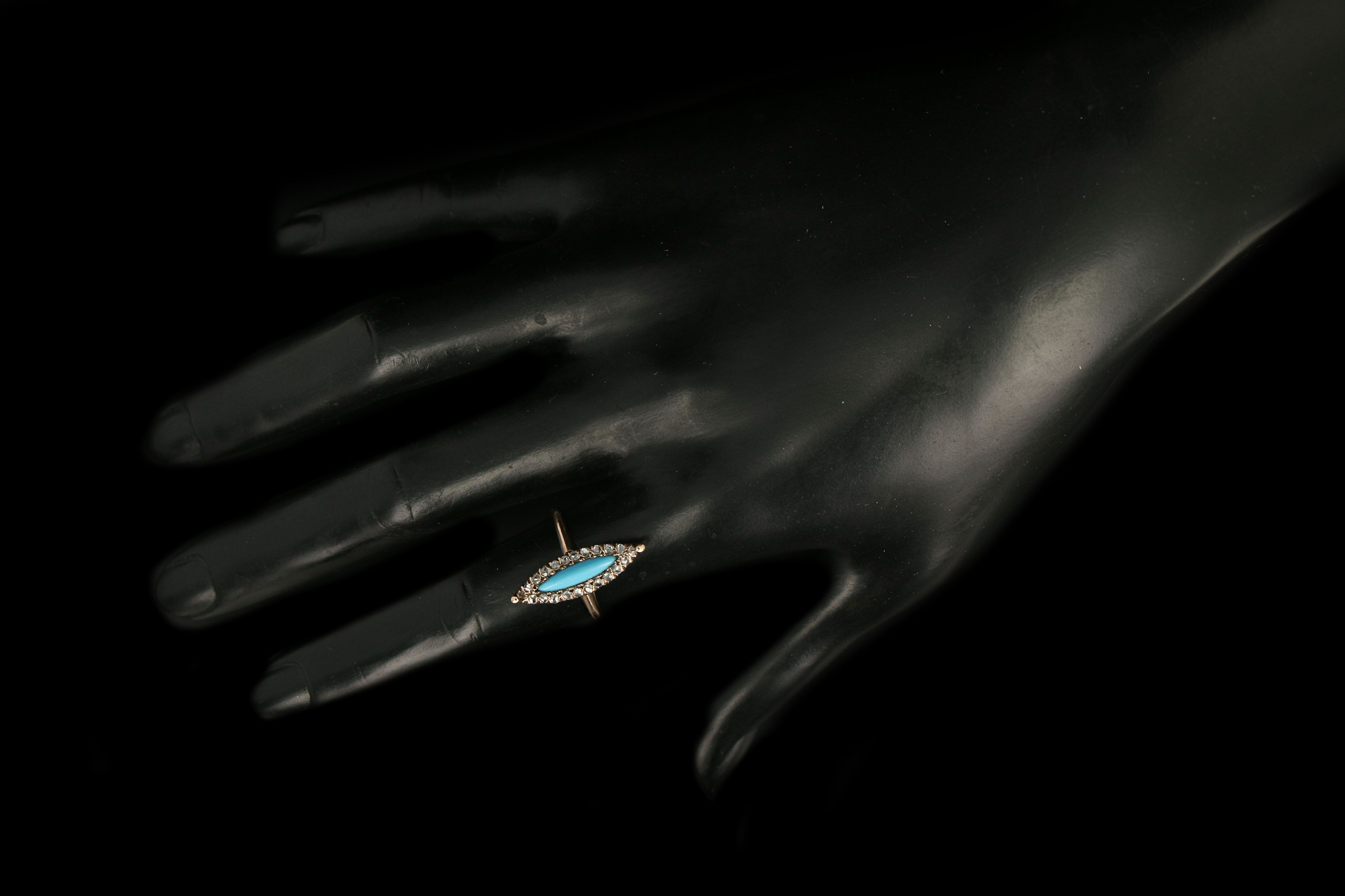 Victorian 10K Rose Gold Natural Turquoise & Rose Cut Diamond Navette Ring - Queen May