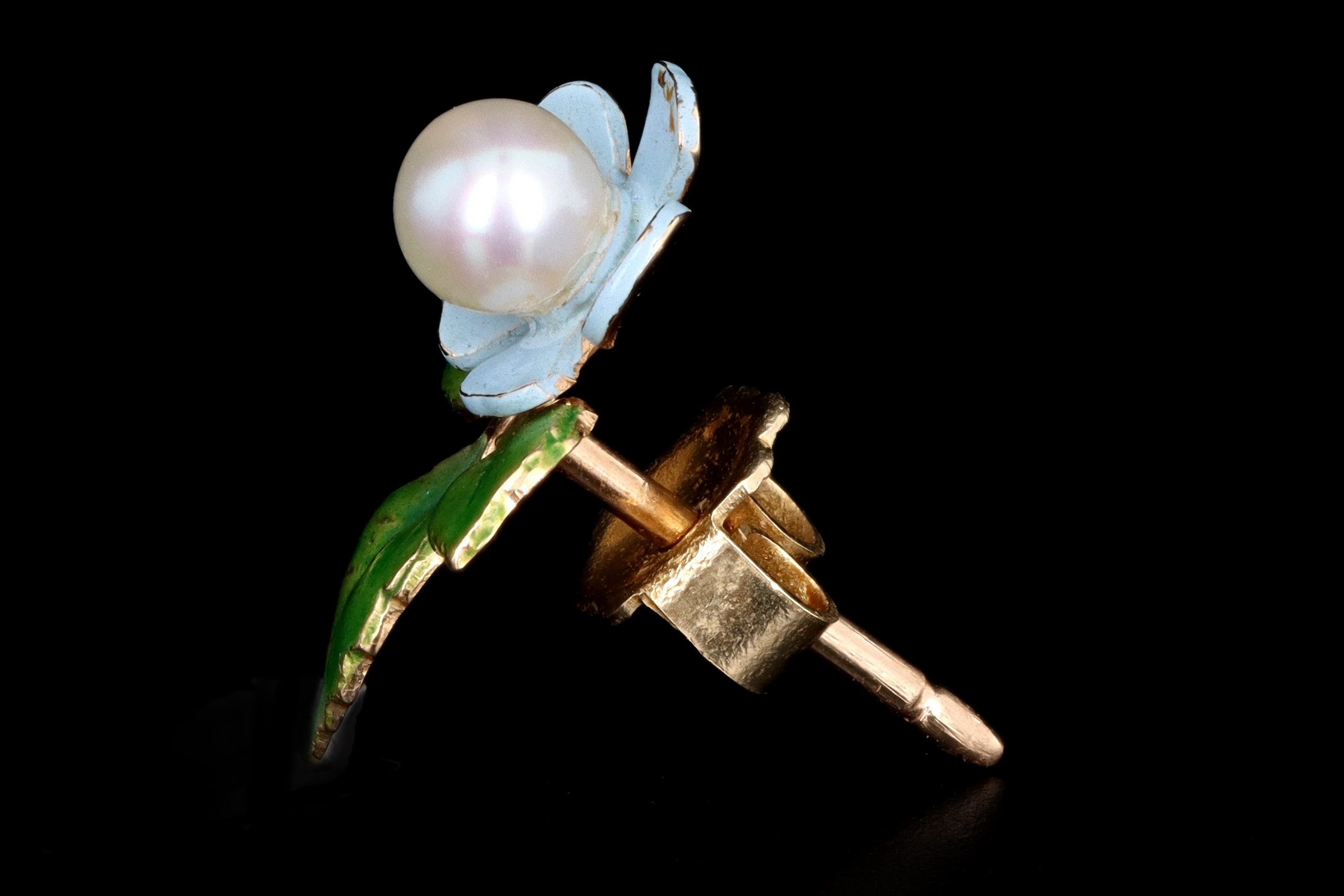 Vintage 14K Yellow Gold Enamel & Cultured Pearl Flower Stud Earrings - Queen May
